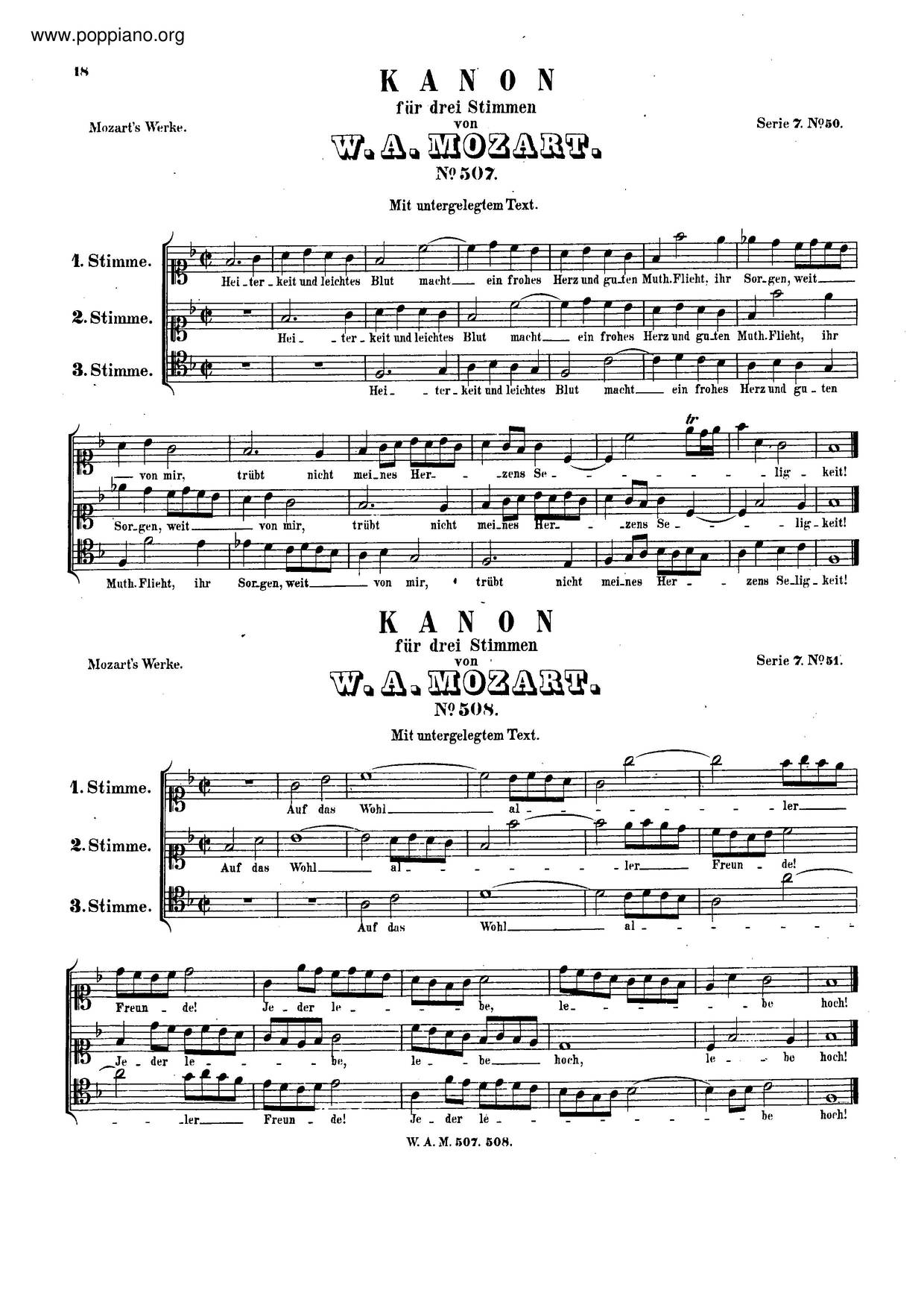 Canon For 3 Voices In F Major, K. 508ピアノ譜
