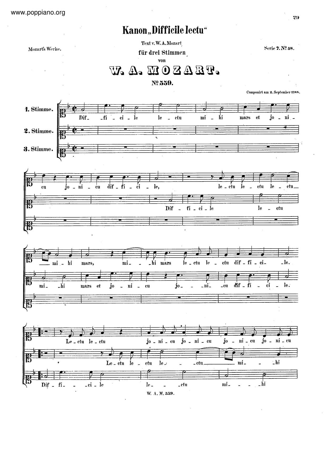 Canon For 3 Voices In F Major, K. 559ピアノ譜