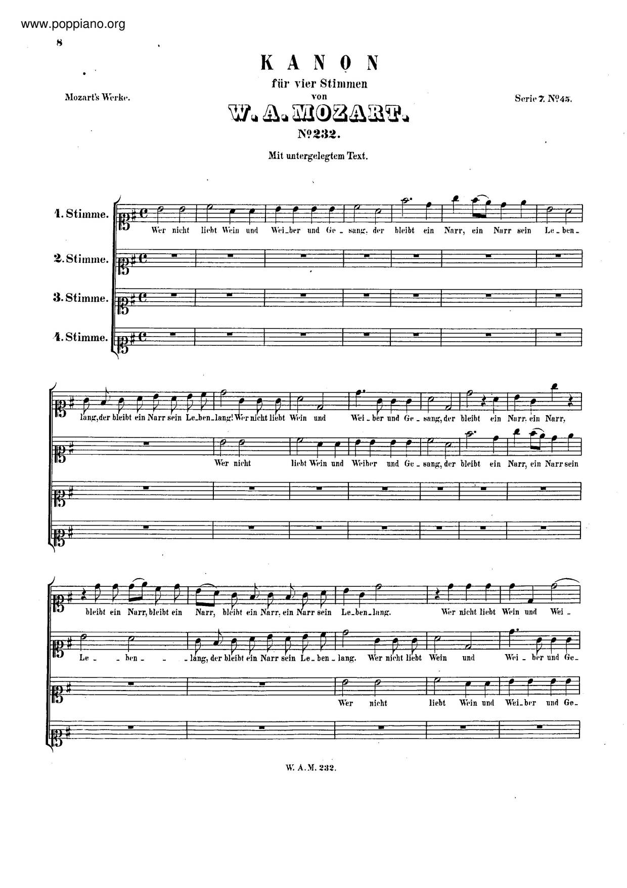 Canon For 4 Voices In G Major, K. 232/509Aピアノ譜