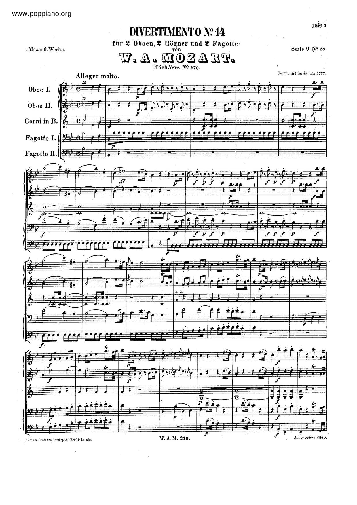 Divertimento In B-Flat Major, K. 270ピアノ譜
