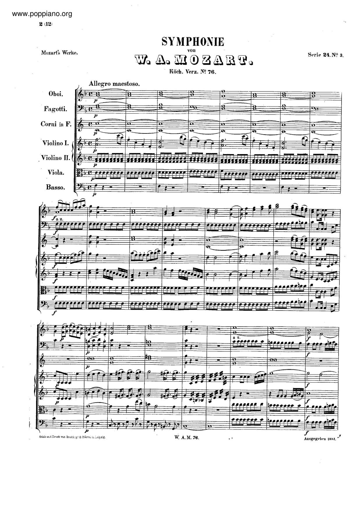 Symphony No. 43 In F Major, K. 76/42Aピアノ譜