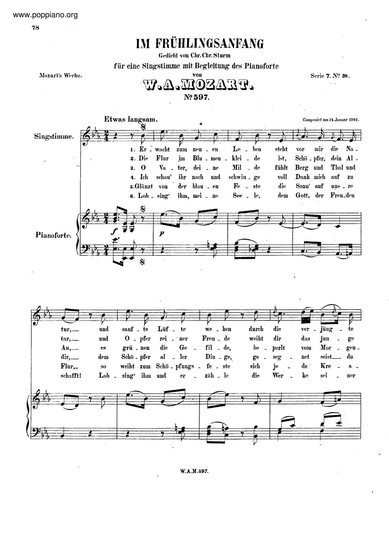 Im Frühlingsanfang, K. 597ピアノ譜