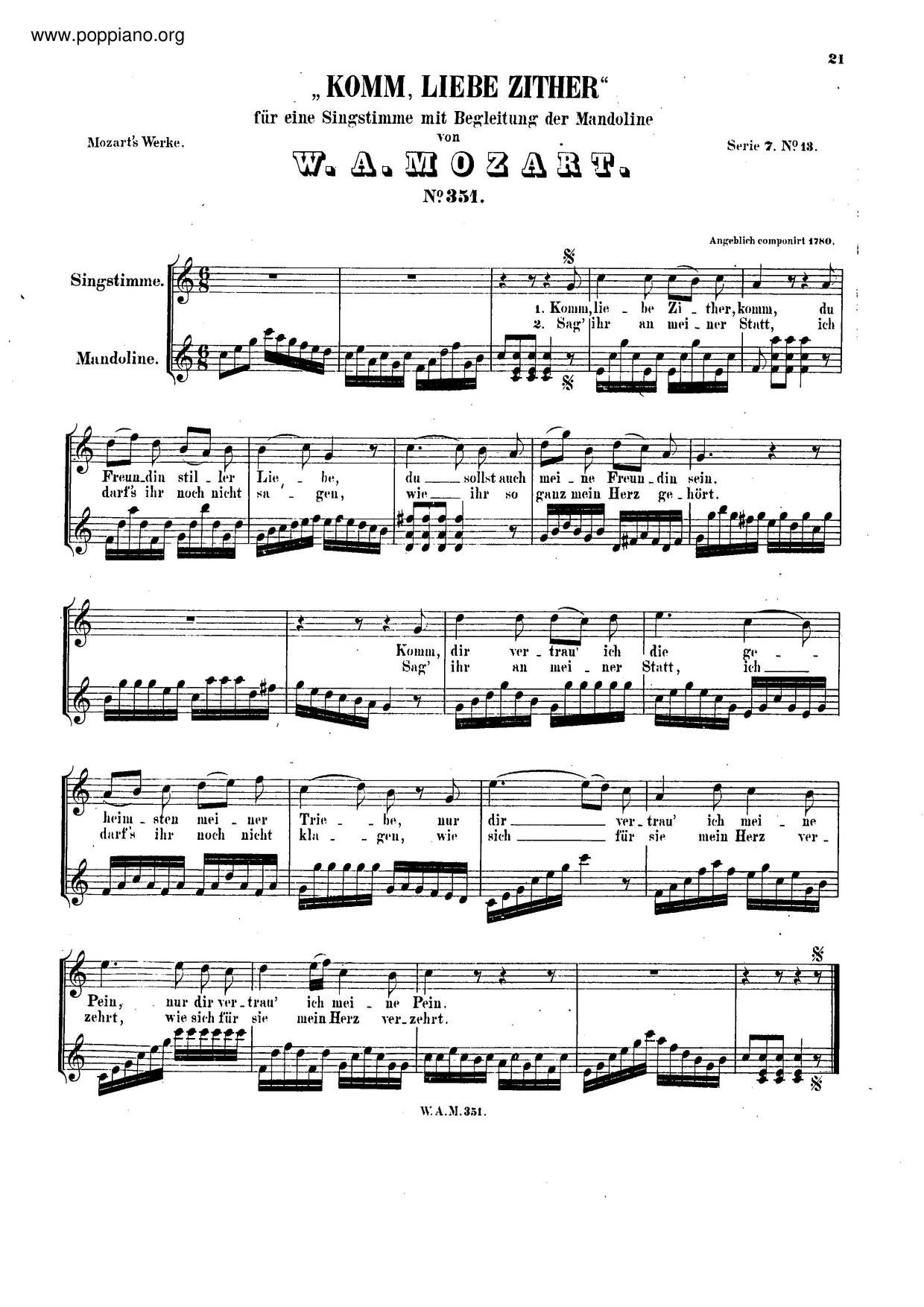 Komm, Liebe Zither Komm, K. 351/367Bピアノ譜