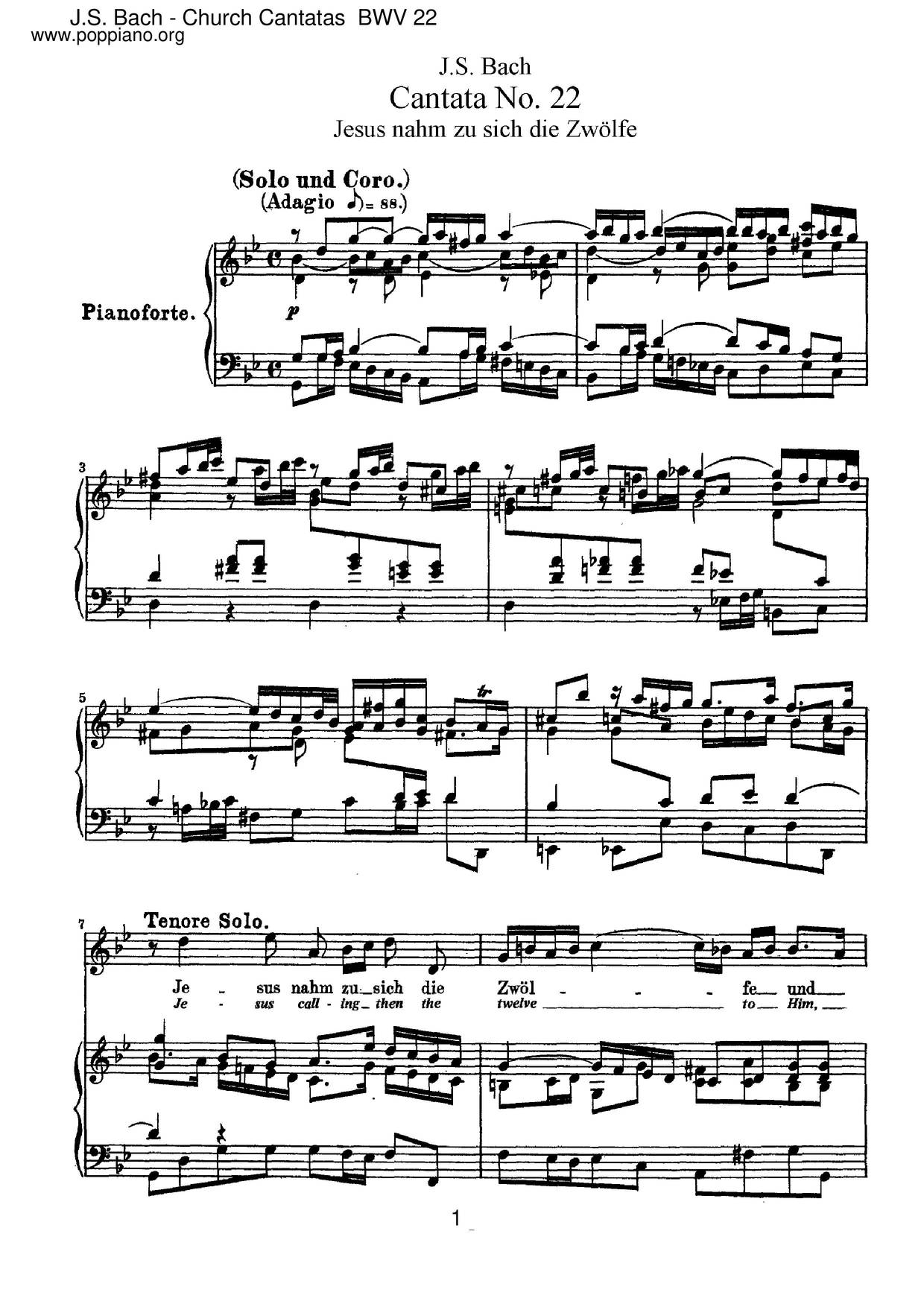Jesus Nahm Zu Sich Die Zwölfe, BWV 22ピアノ譜