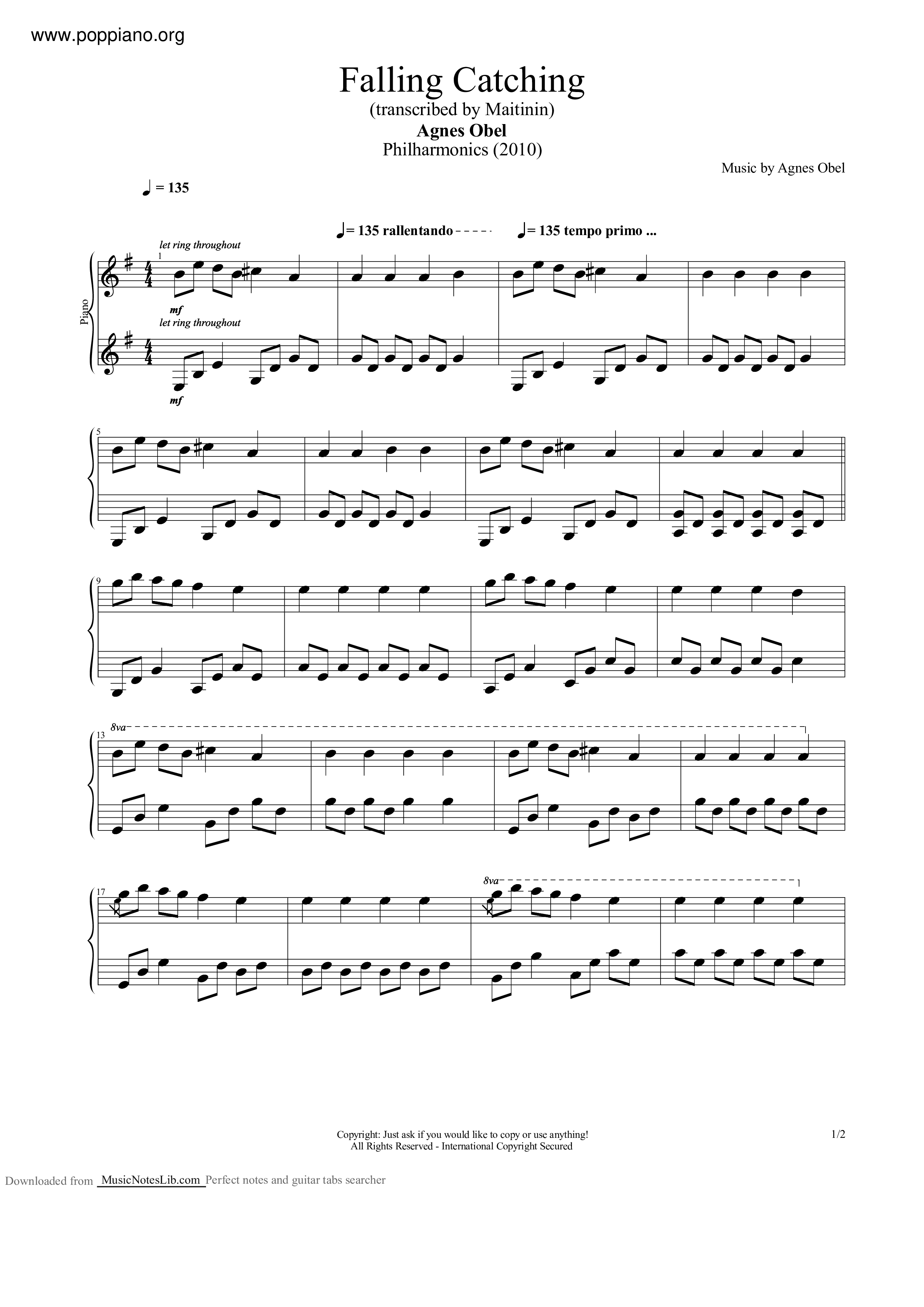 Falling, Catchingピアノ譜