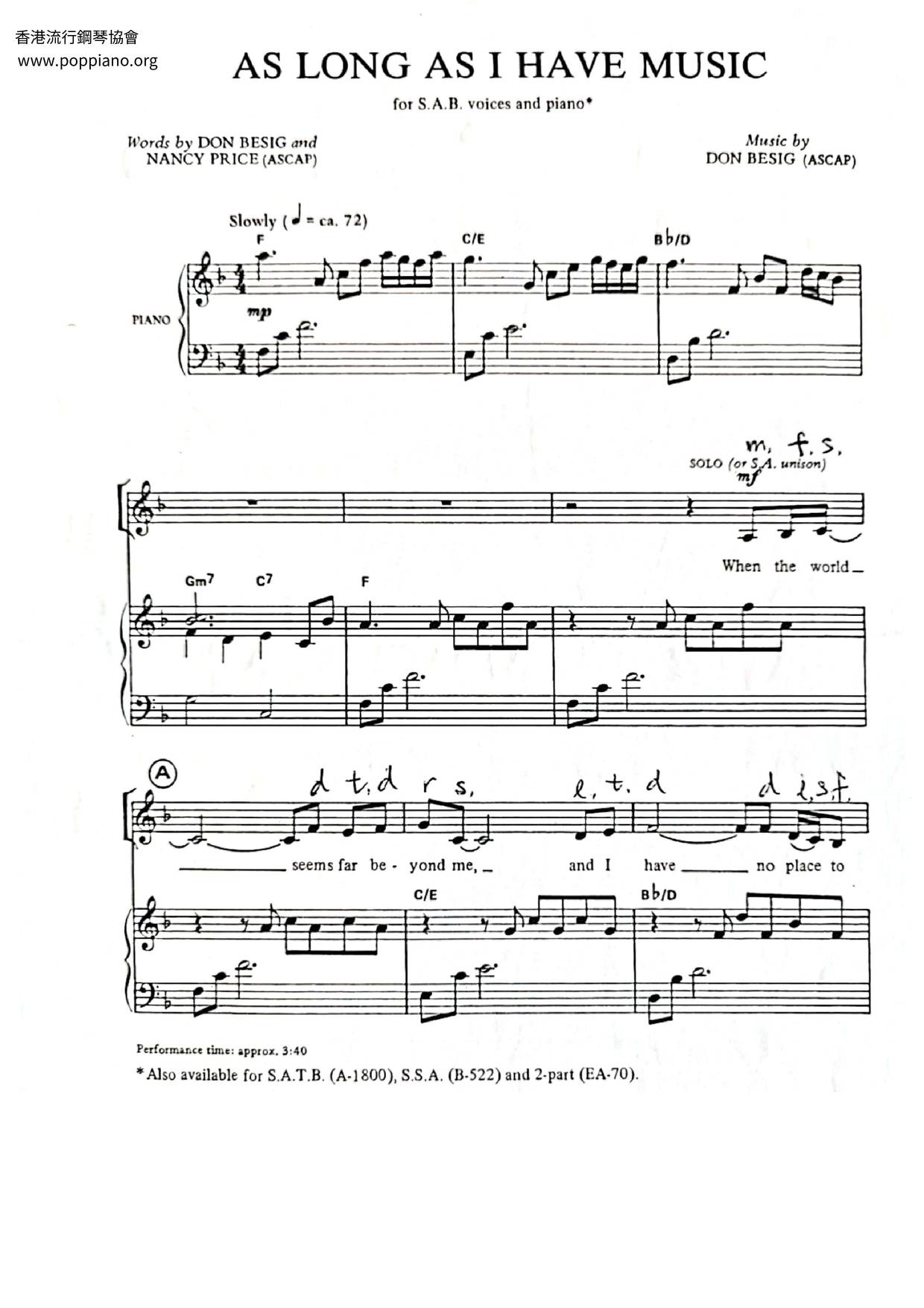 As Long As I Have Musicピアノ譜
