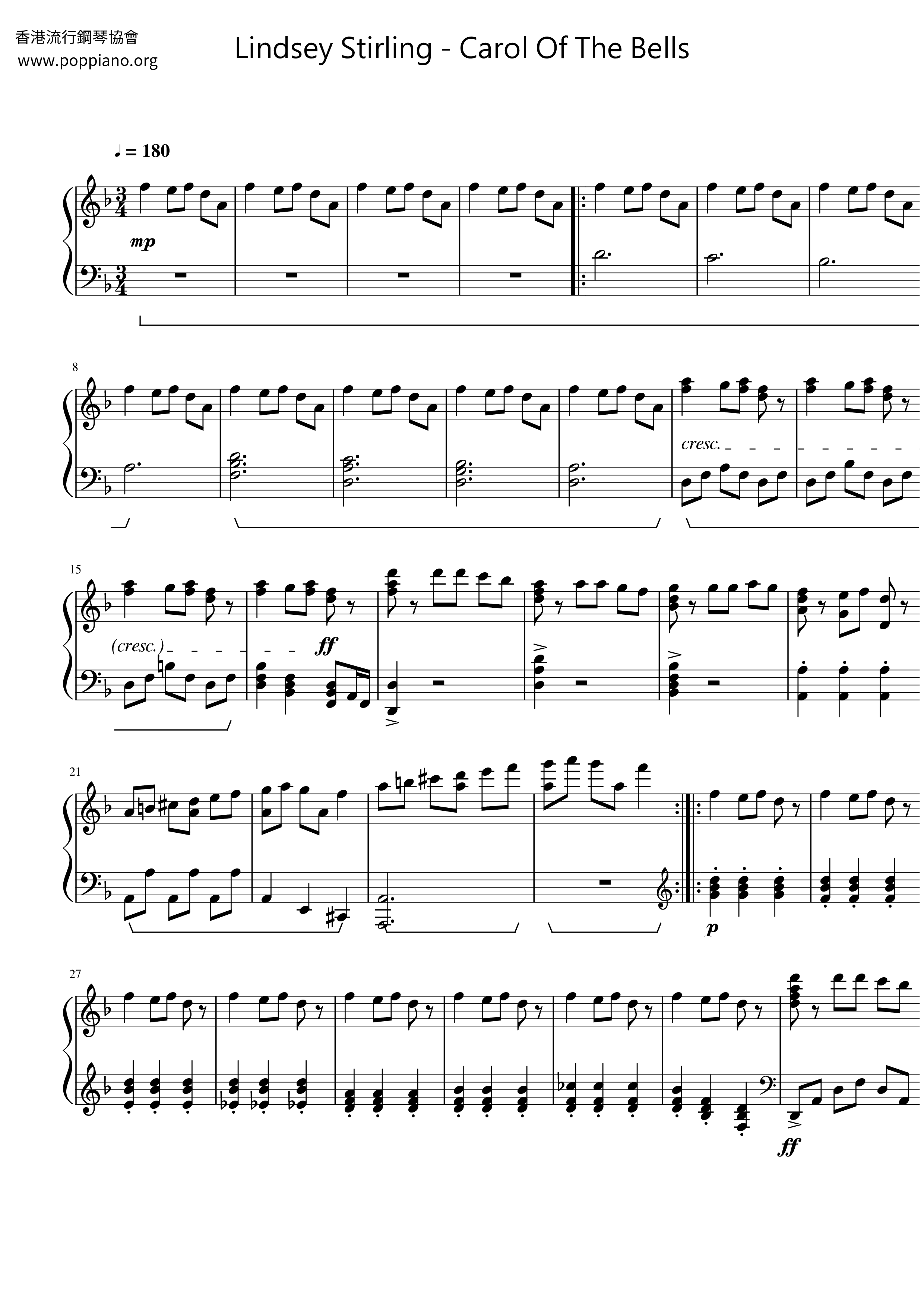 Carol Of The Bellsピアノ譜