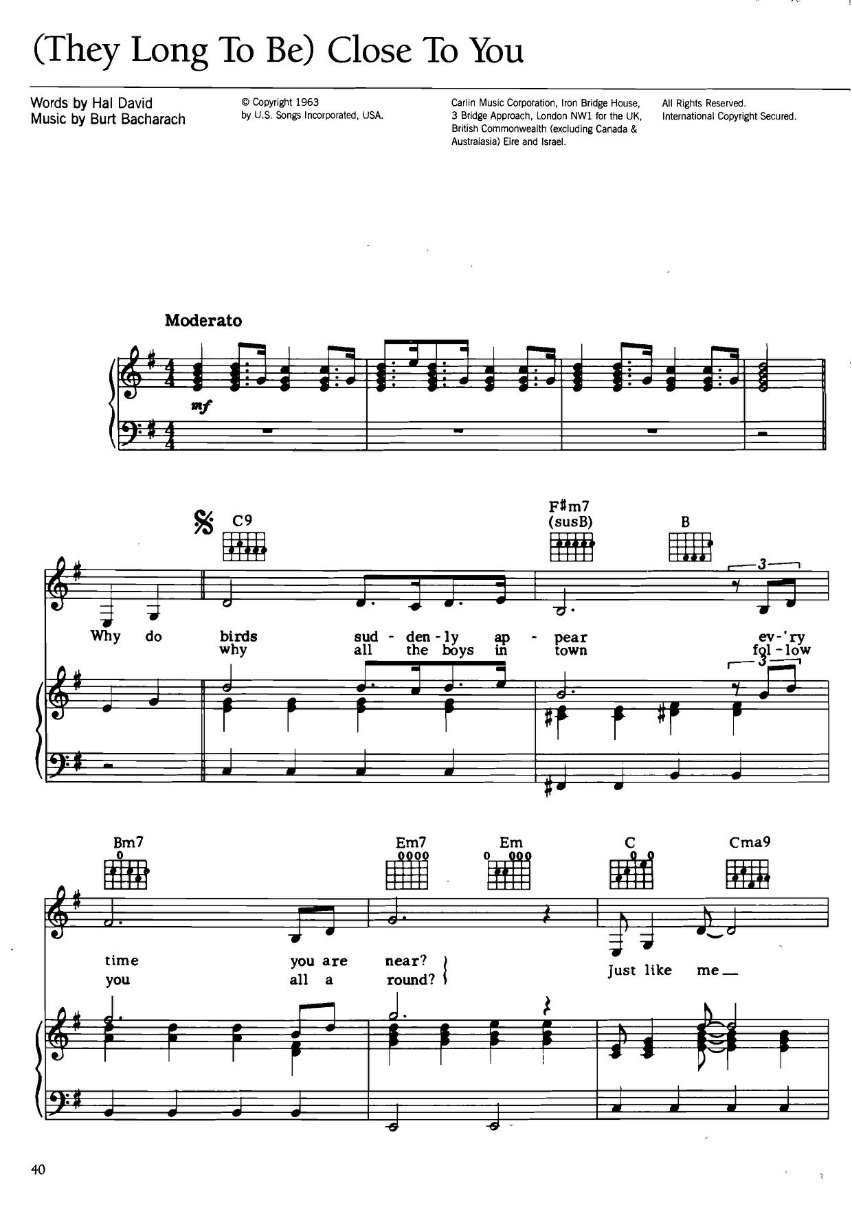 Close To You (They Long To Be)ピアノ譜