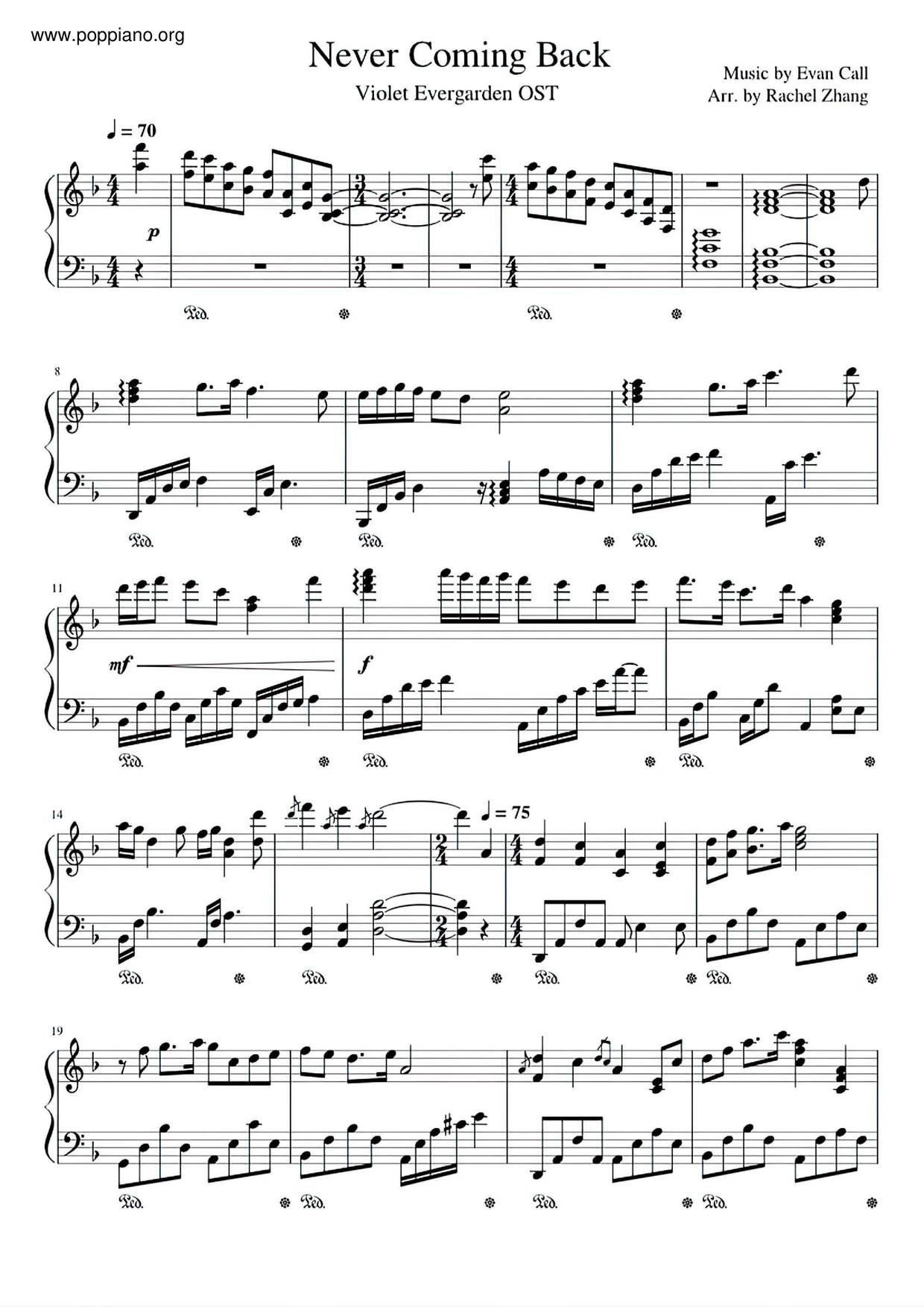 Violet Evergarden - Never Coming Backピアノ譜