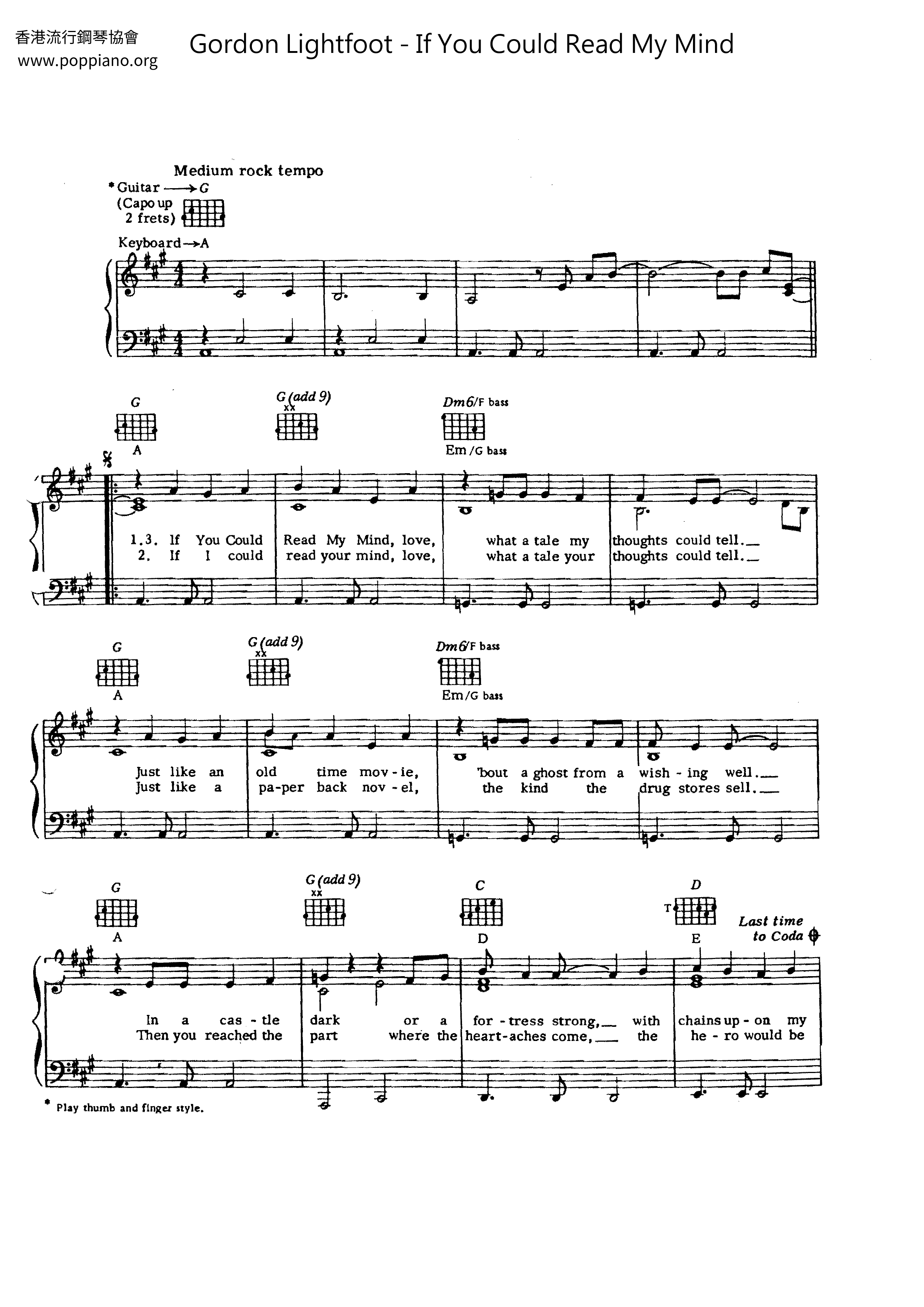 If You Could Read My Mindピアノ譜