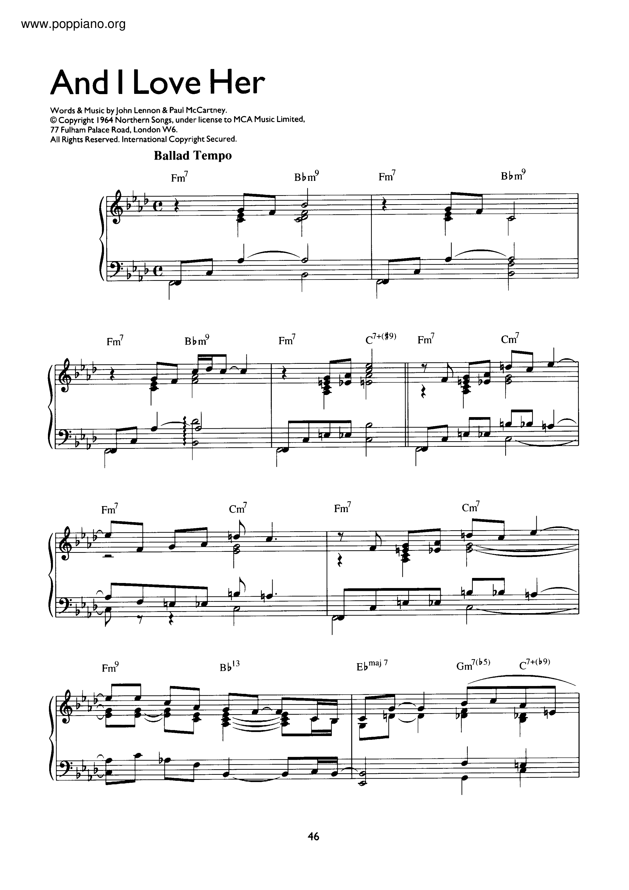 ★The Beatles And I Love Her ピアノ譜pdf 香港ポップピアノ協会 無料PDF楽譜ダウンロード gakufu