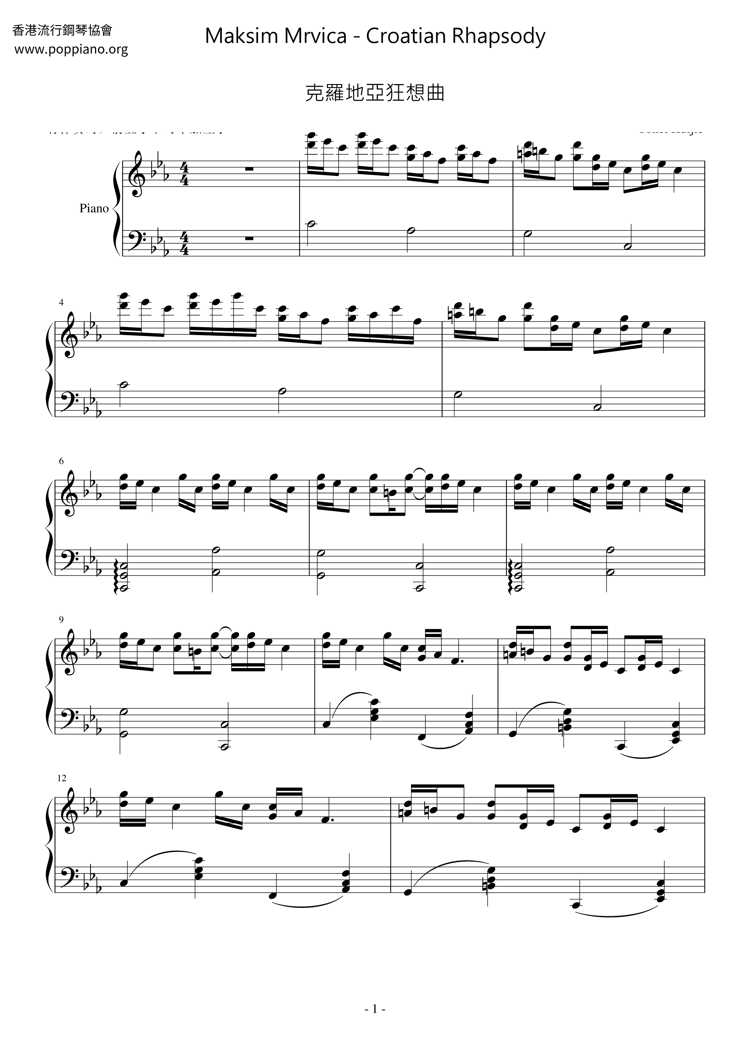 Croatian Rhapsody 克羅地亞狂想曲ピアノ譜