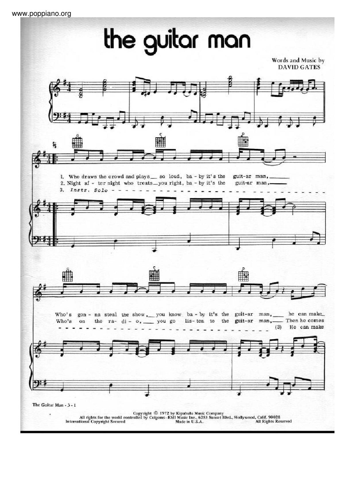 The Guitar Man (David Gates)ピアノ譜