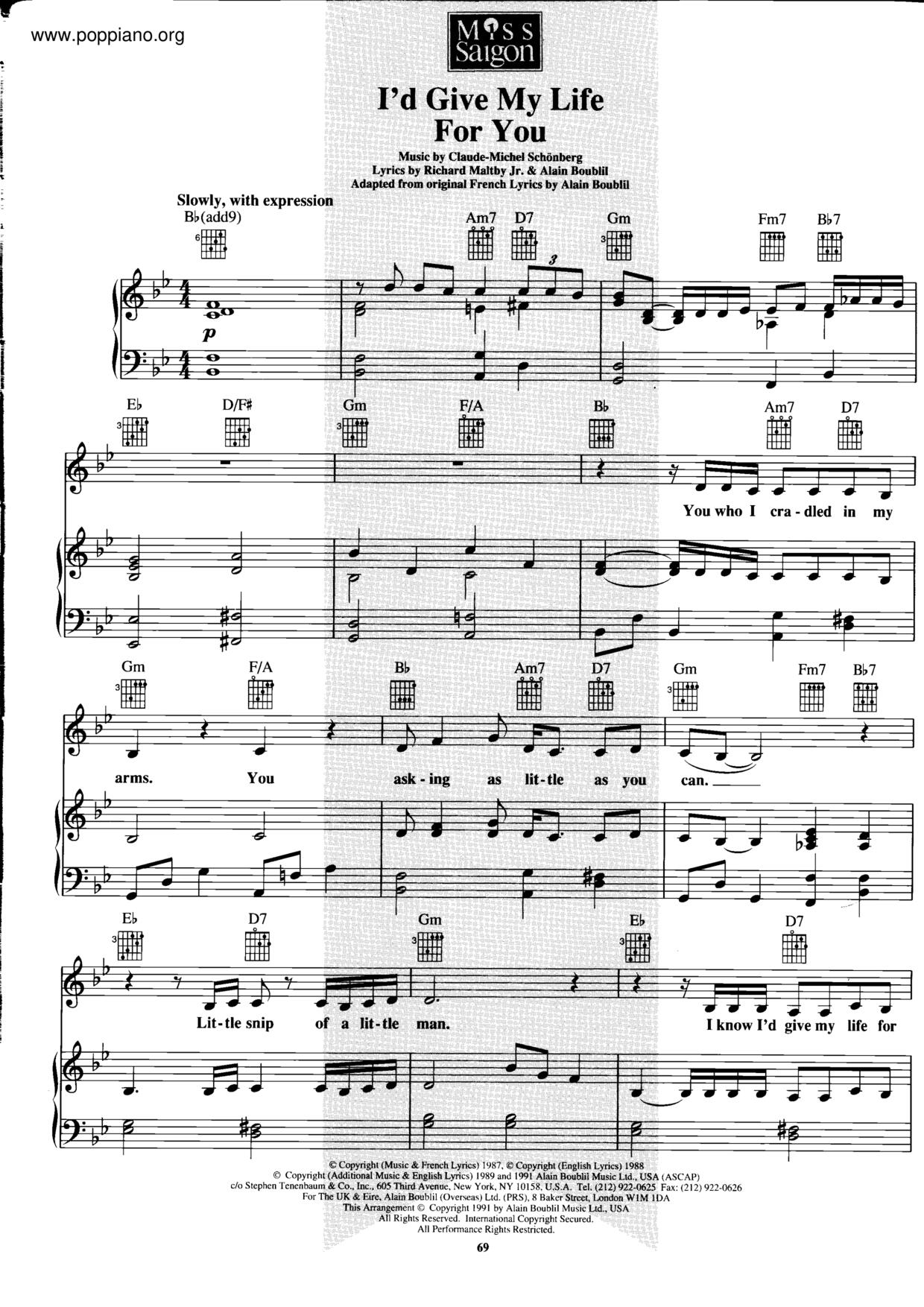 Miss Saigon - I'd Give My Life For Youピアノ譜