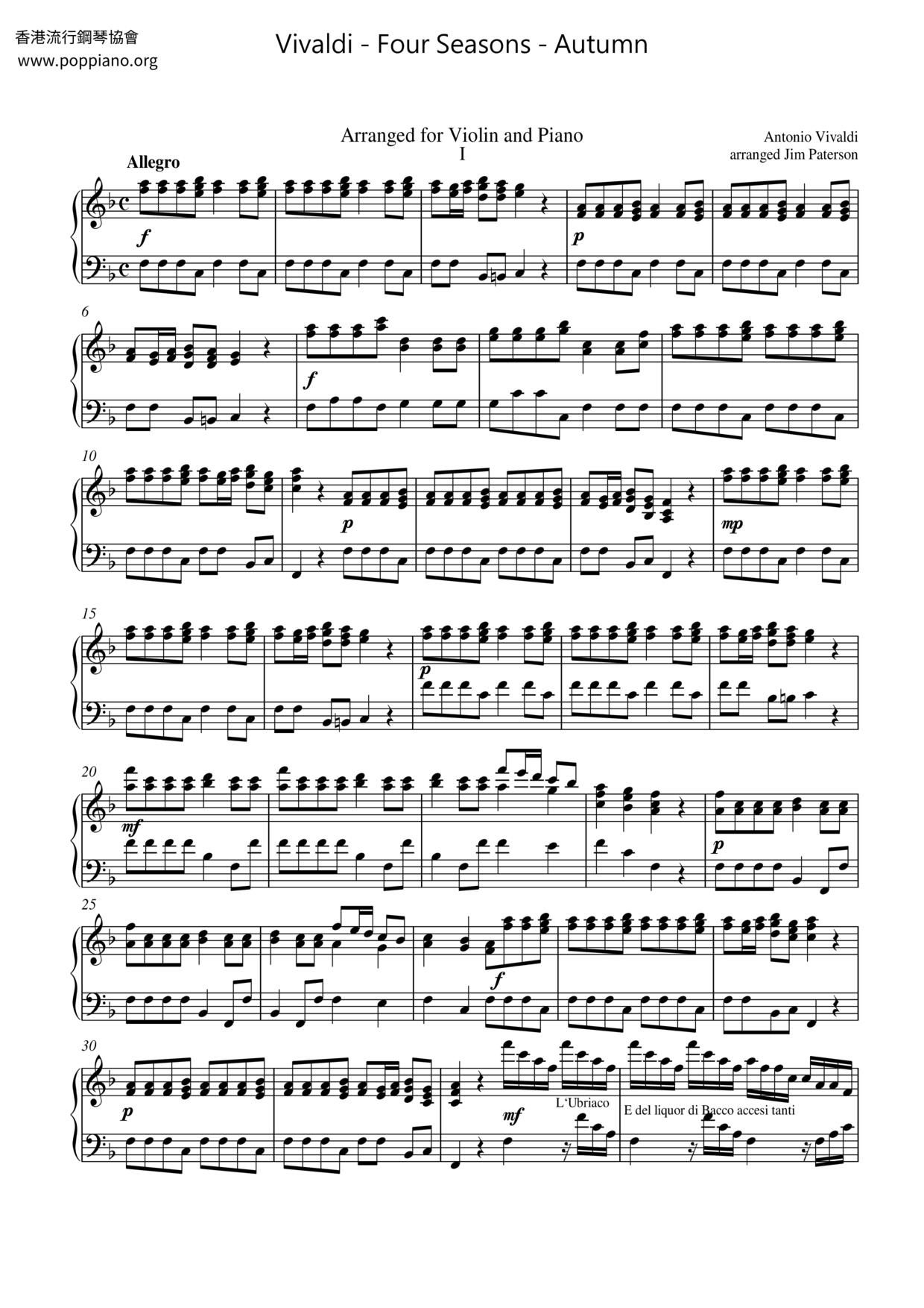 The Four Seasons - Autumn in F Major, RV. 293: III. Allegroピアノ譜