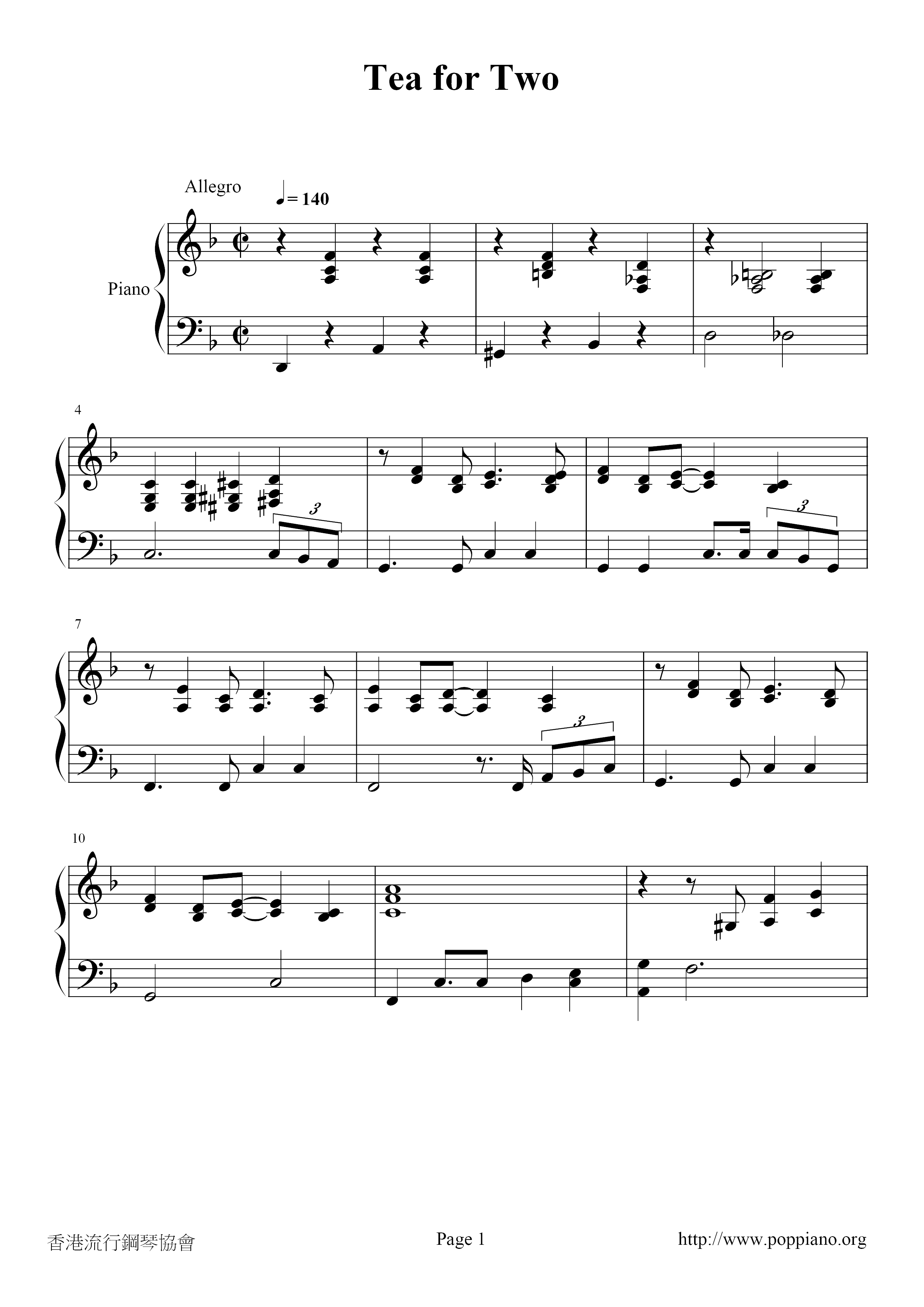 Tea For Two Sheet Music / Piano Score Free PDF Download HK Pop Piano Academy ★