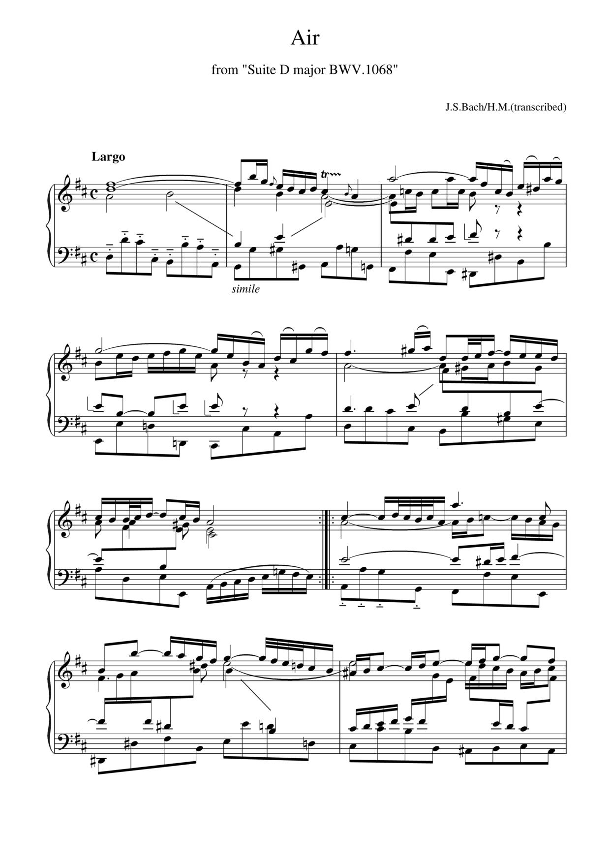 Johann Sebastian Bach Air On The G String 琴谱 五线谱pdf 香港流行钢琴协会琴谱下载