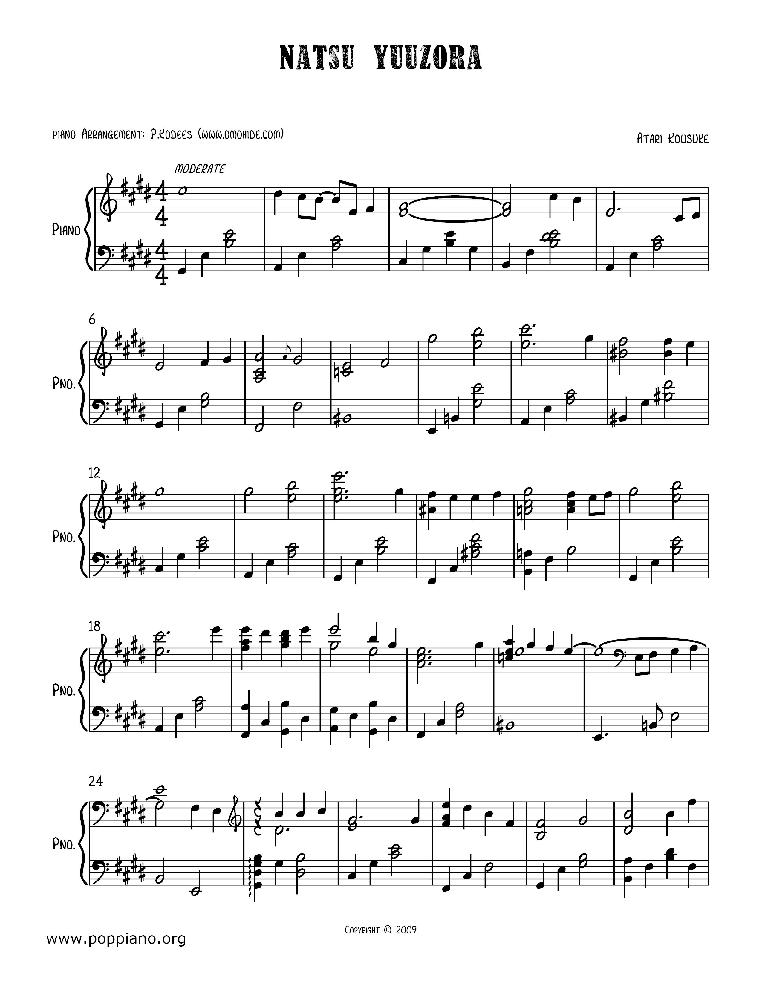 ☆ anime-Natsu Yuuzora [ Natsume's Book Of Friends] Sheet Music pdf,  (アニメソング) - Free Score Download ☆