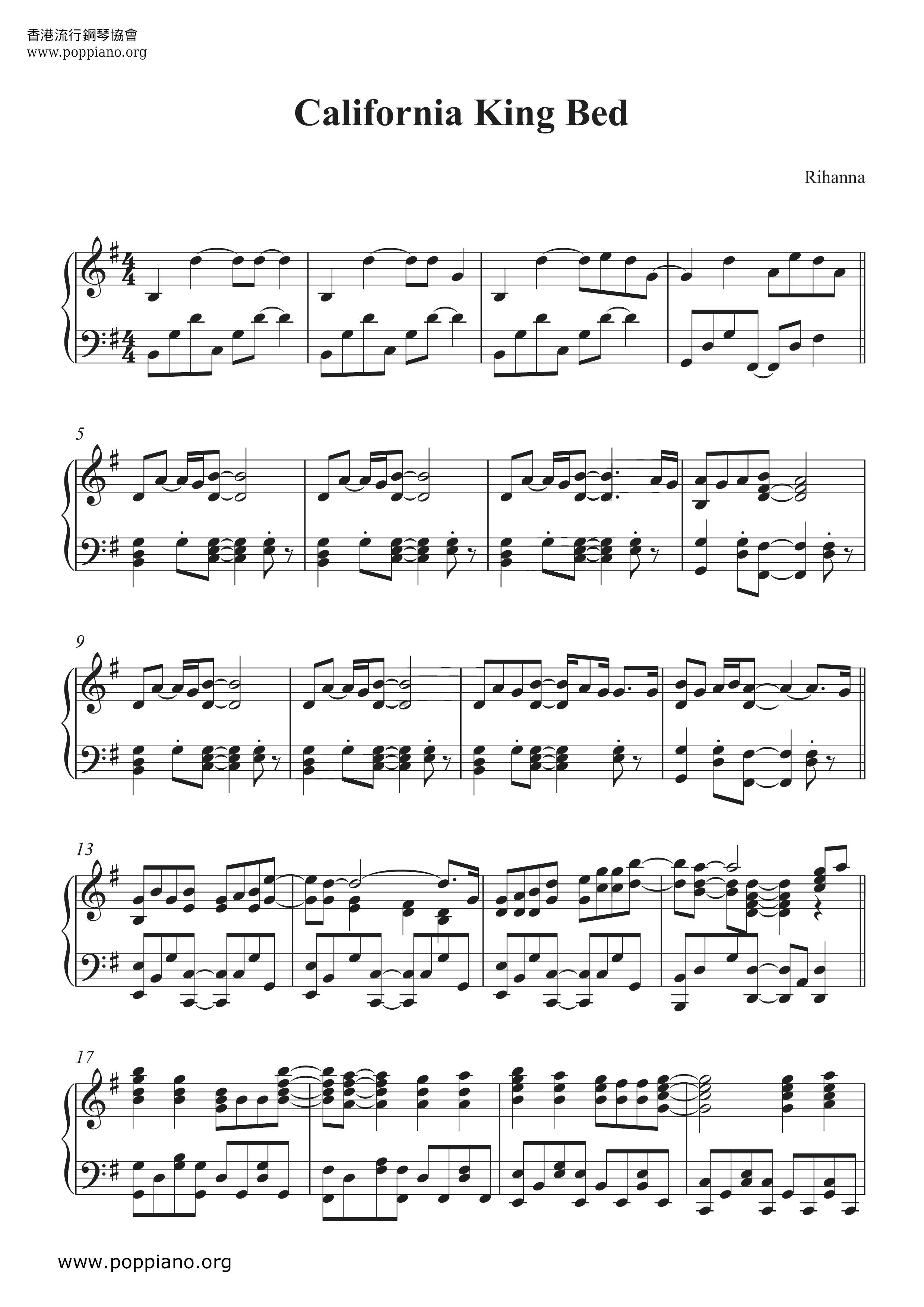 RihannaCalifornia King Bed Sheet Music pdf, Free Score Download ★