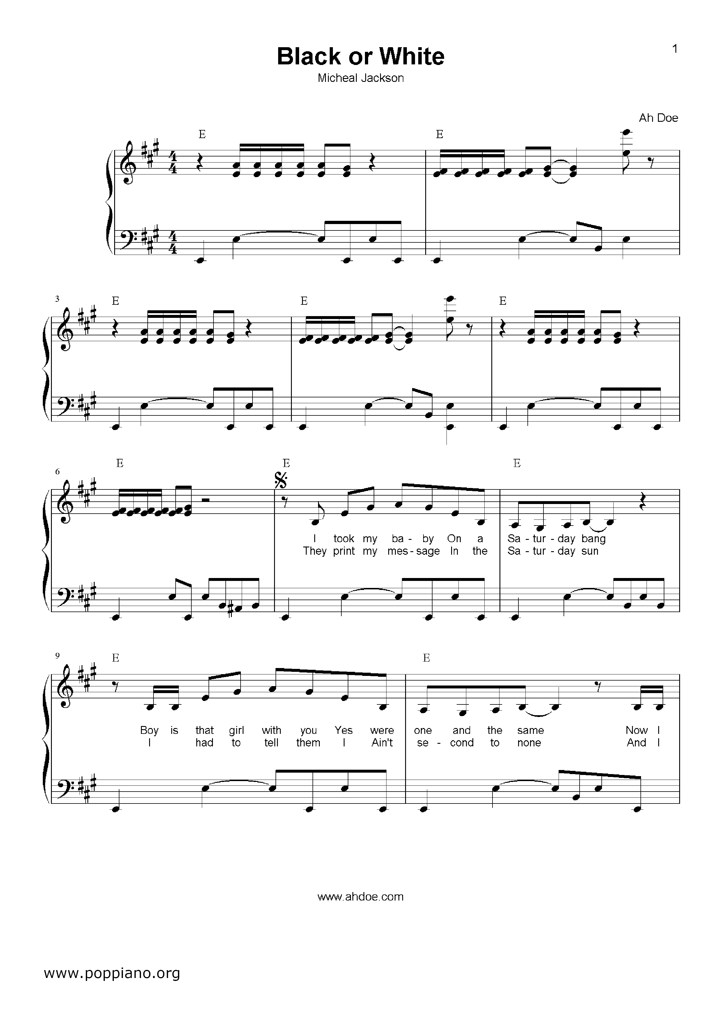 Michael JacksonBlack Or White Sheet Music pdf, Free Score Download ★