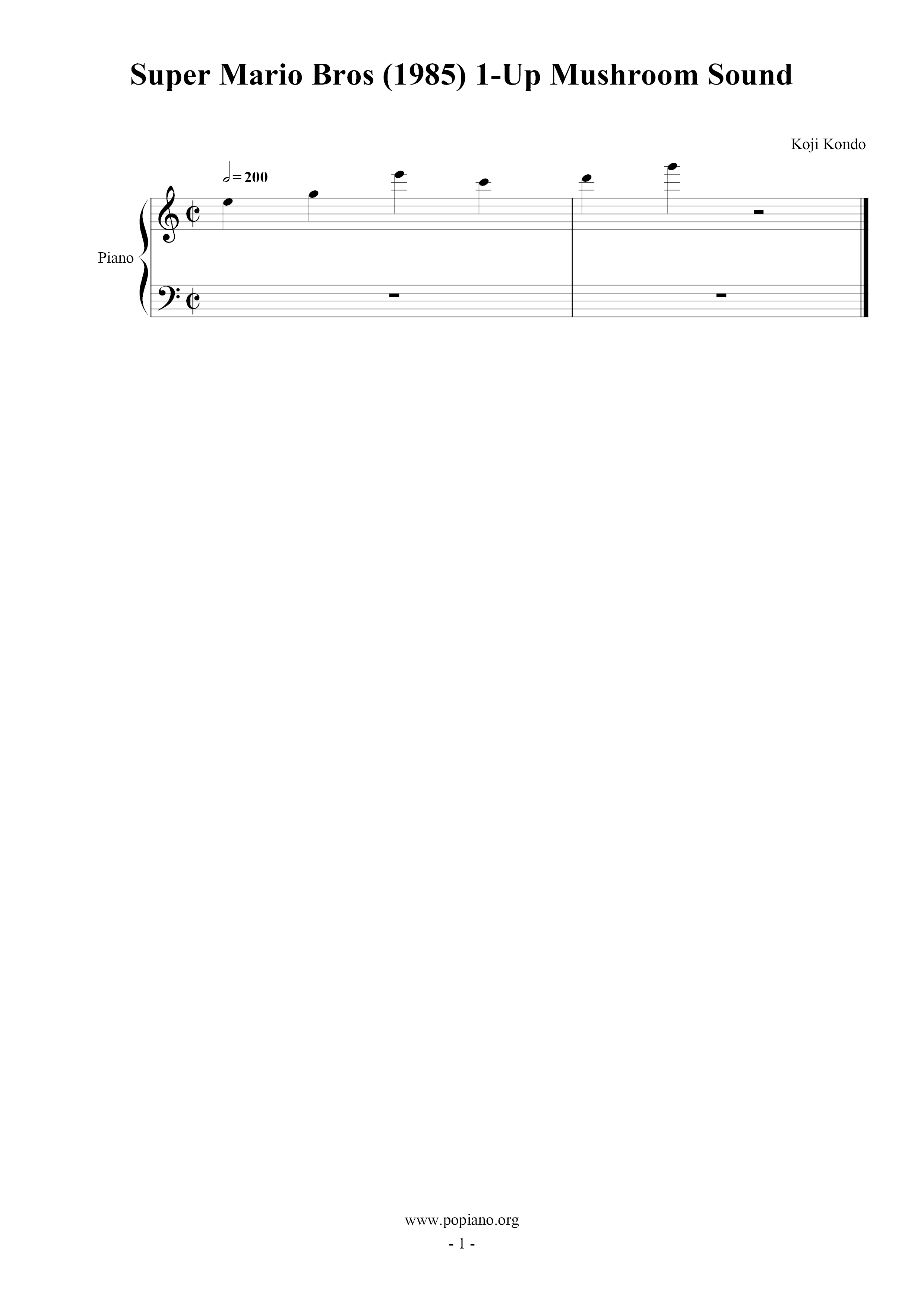 gameSuper Mario Bros (1985) 1Up Mushroom Sound Sheet Music pdf, (ビデオ