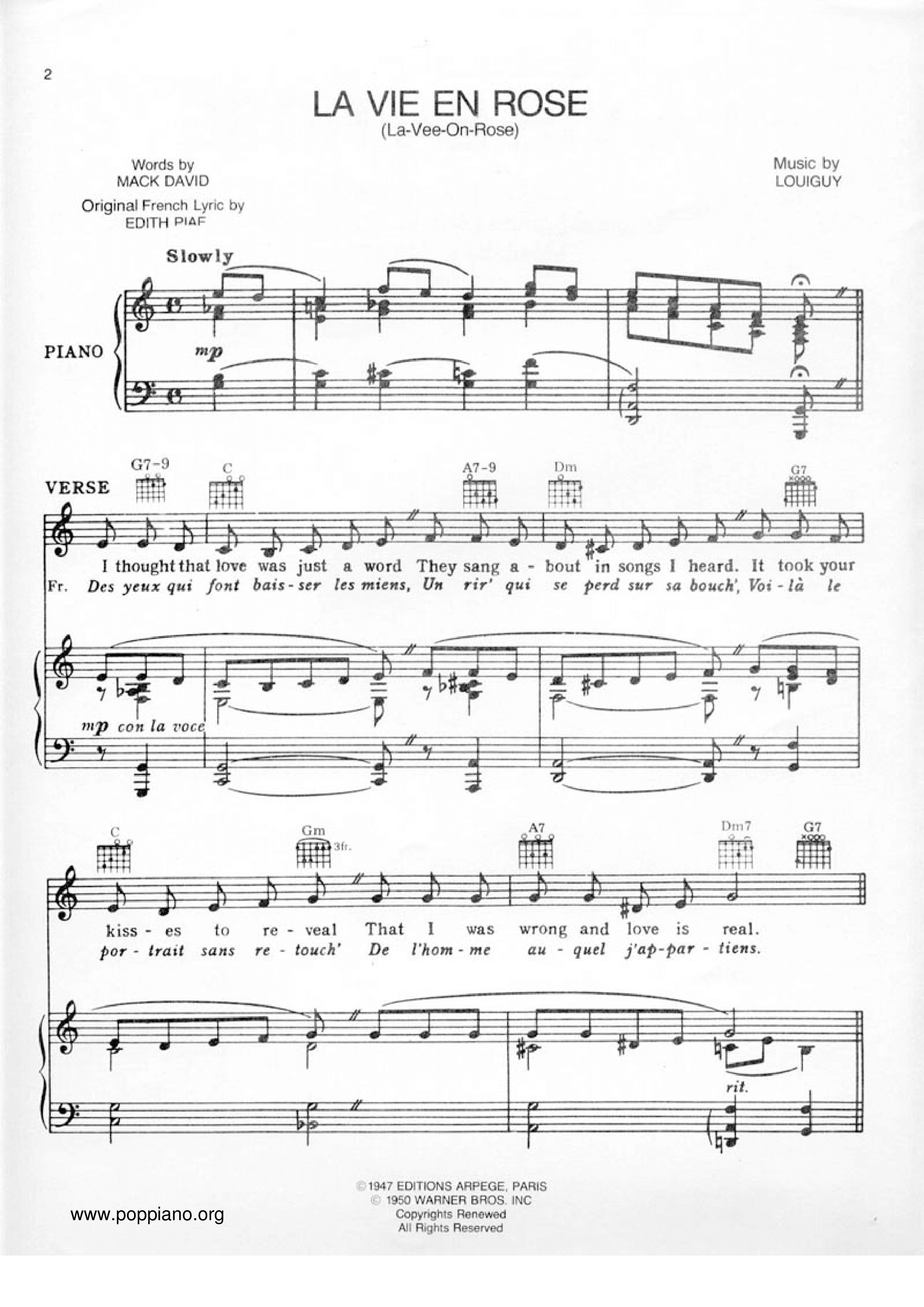 La Vie En Rose Piano Sheet Music Edith Piaf Digital Sheet Music | My ...