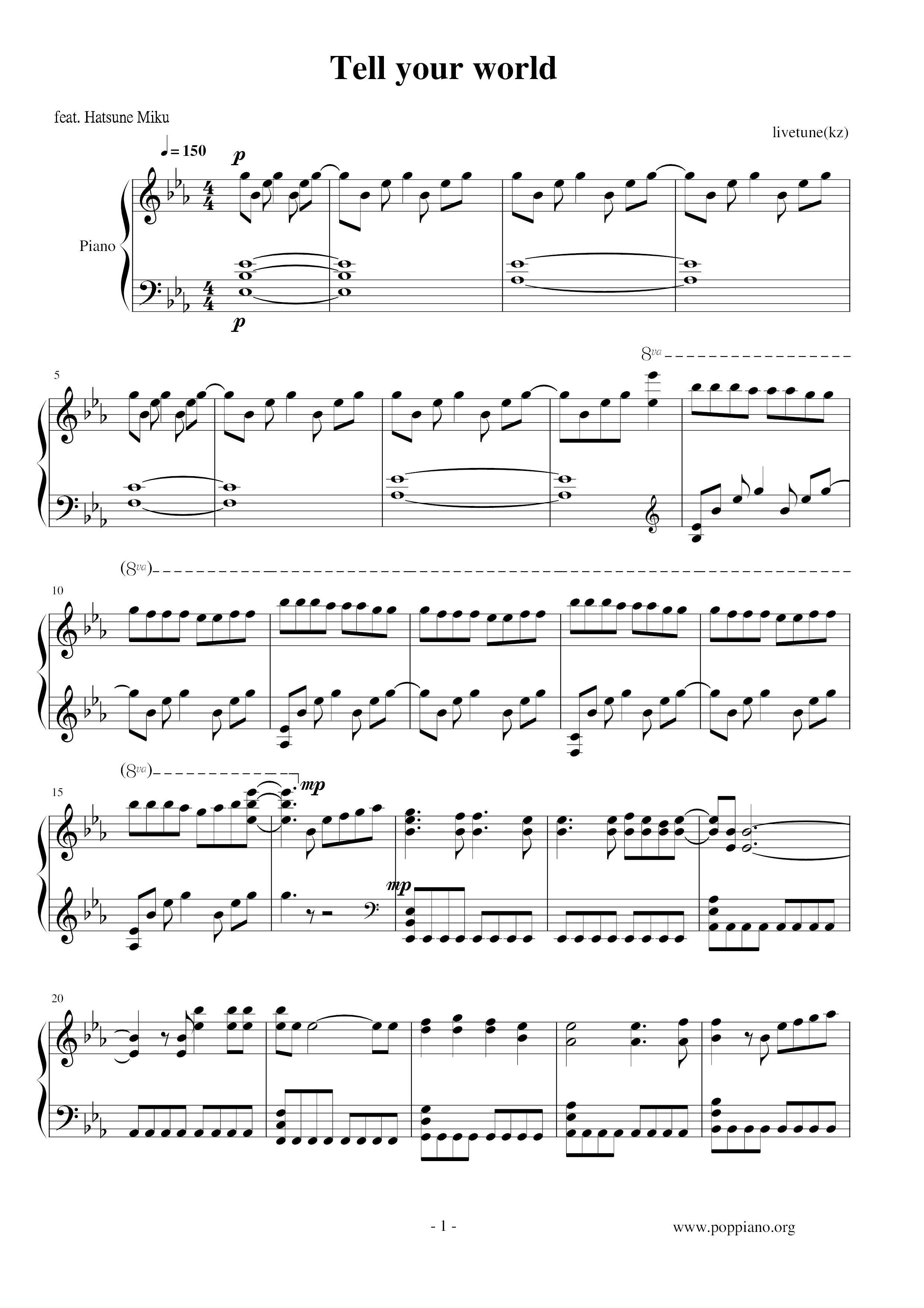 Hatsune Miku Tell Your World Sheet Music Pdf 初音ミク Free Score Download