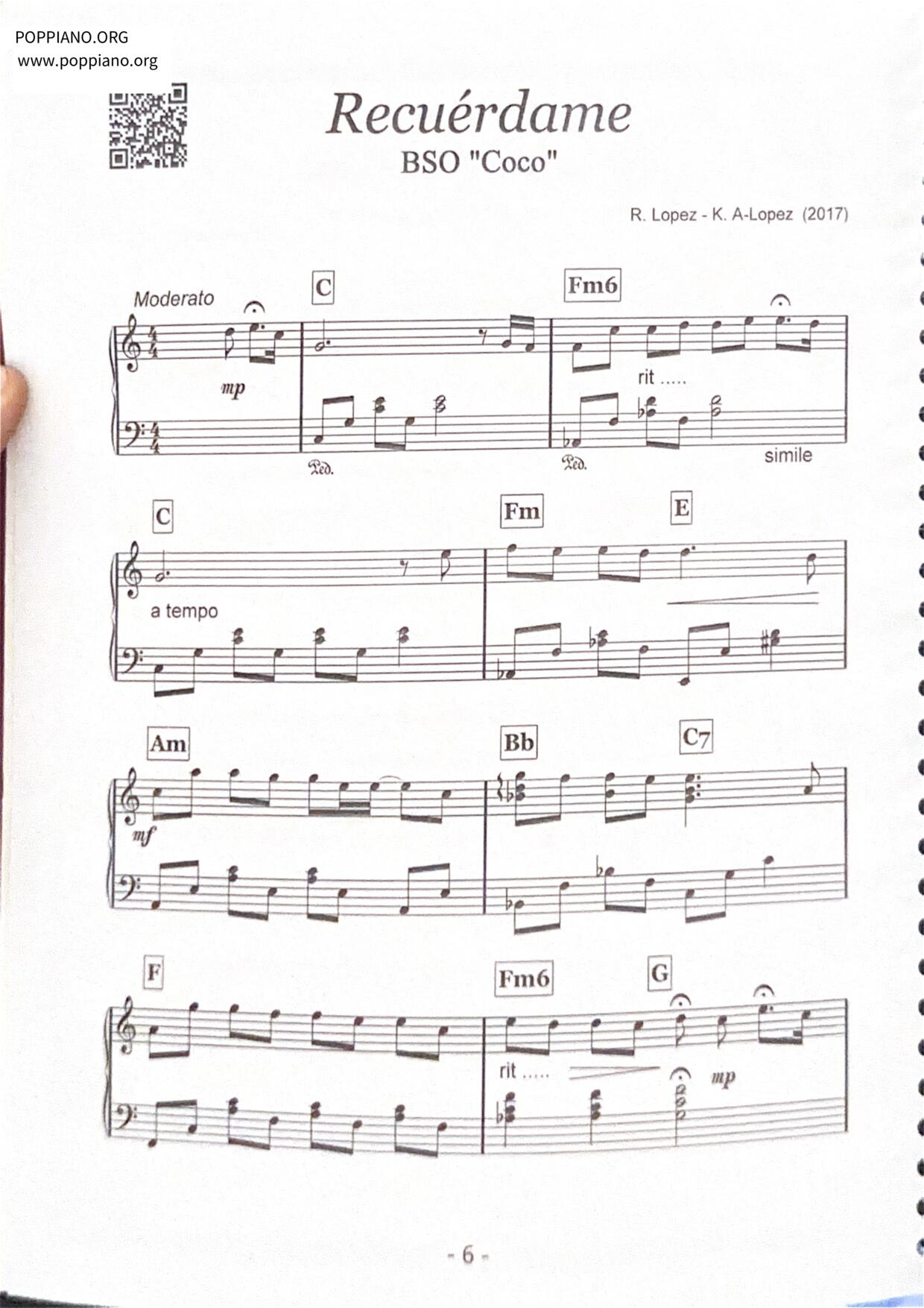 Recuérdame (Reencuentro)琴譜