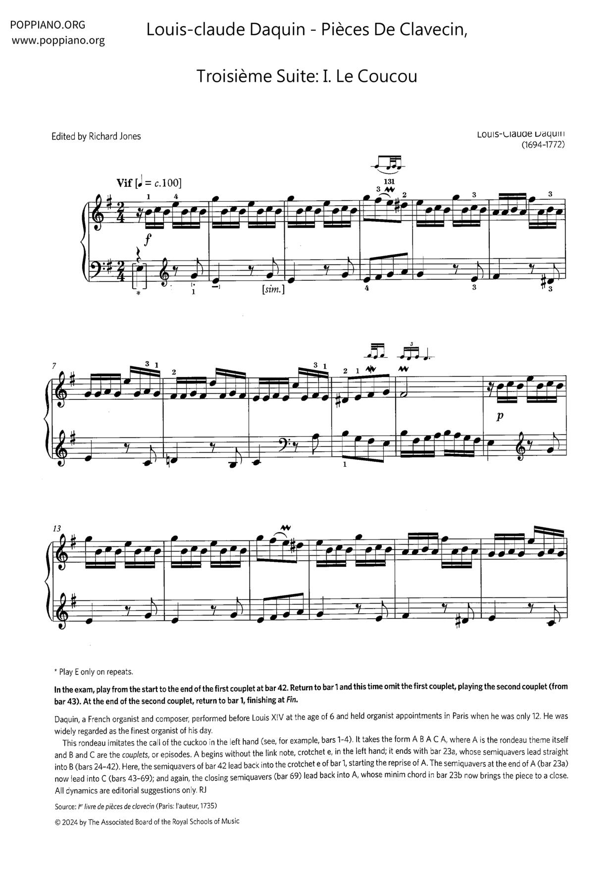 Pièces de clavecin, Troisième Suite: I. Le Coucou琴譜