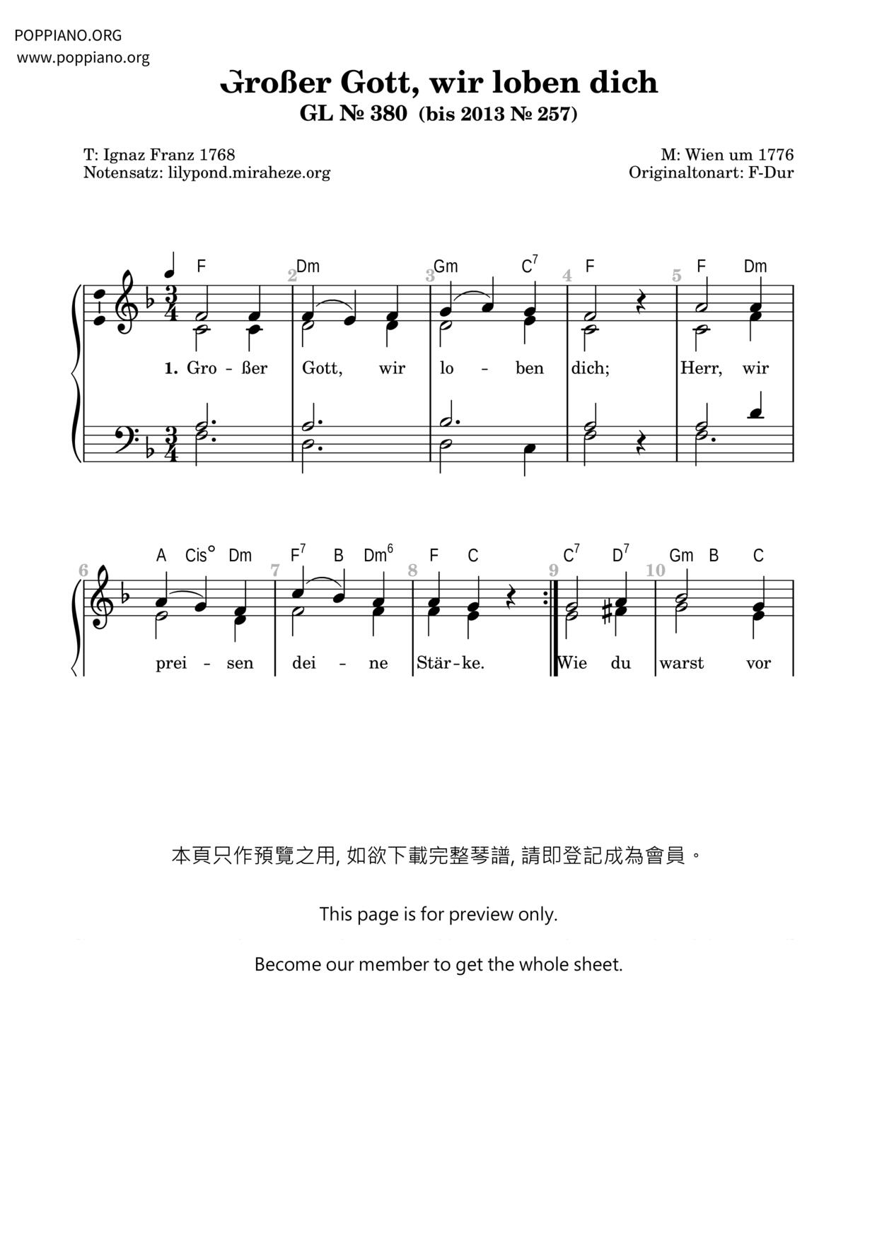 Großer Gott, Wir Loben Dich琴譜