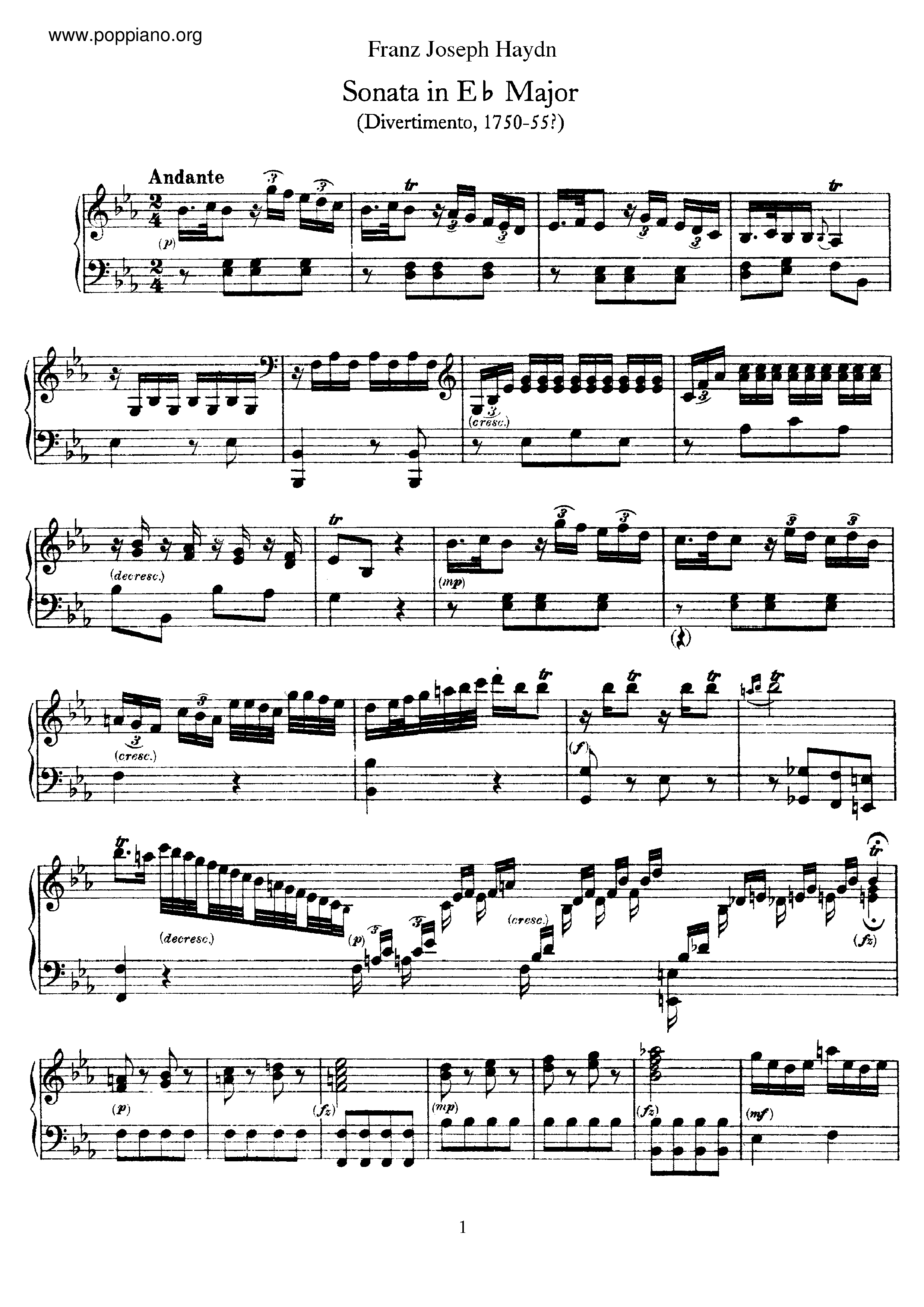 Haydn-Sonata No.16 in E flat major Sheet Music pdf, - Free Score Download ★