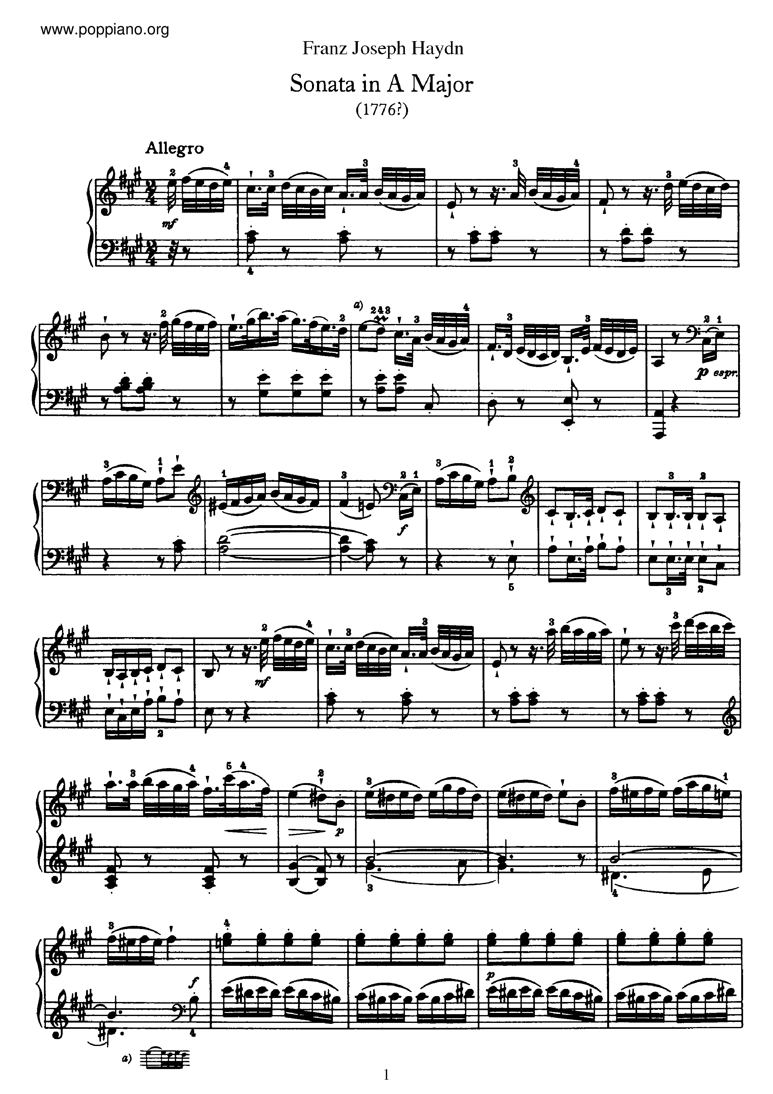 ☆フランツ・ヨーゼフ・ハイドン - Sonata No.30 in A major ピアノ譜