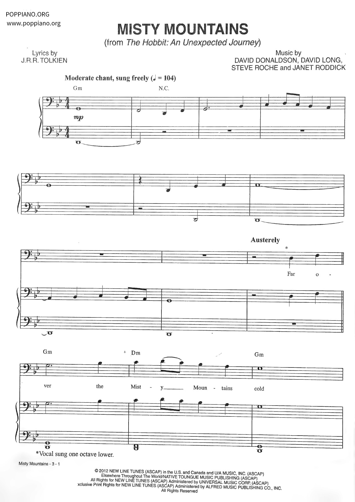 Misty Mountains (From The Hobbit: An Unexpected Journey)琴譜