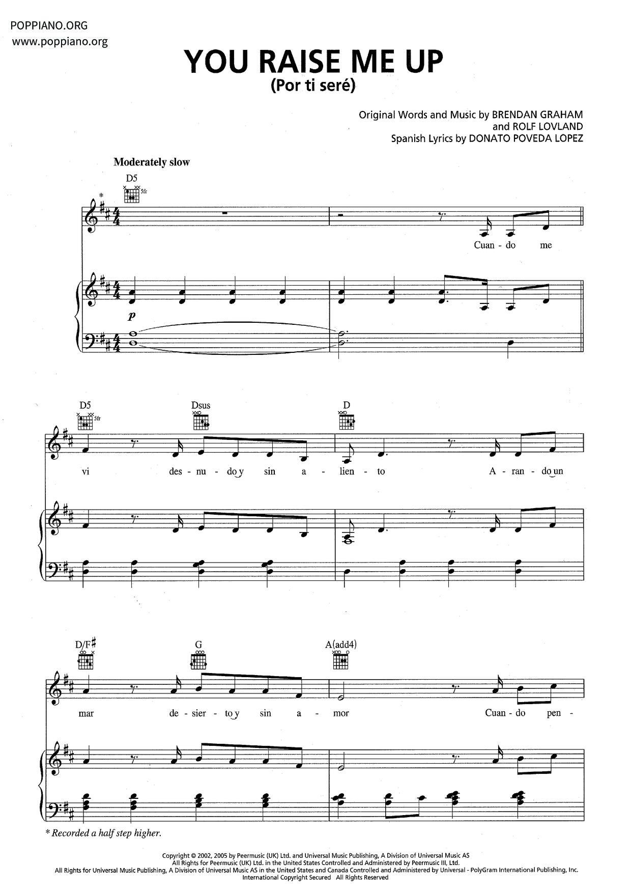 You Raise Me Up (Por Ti Sere)琴譜
