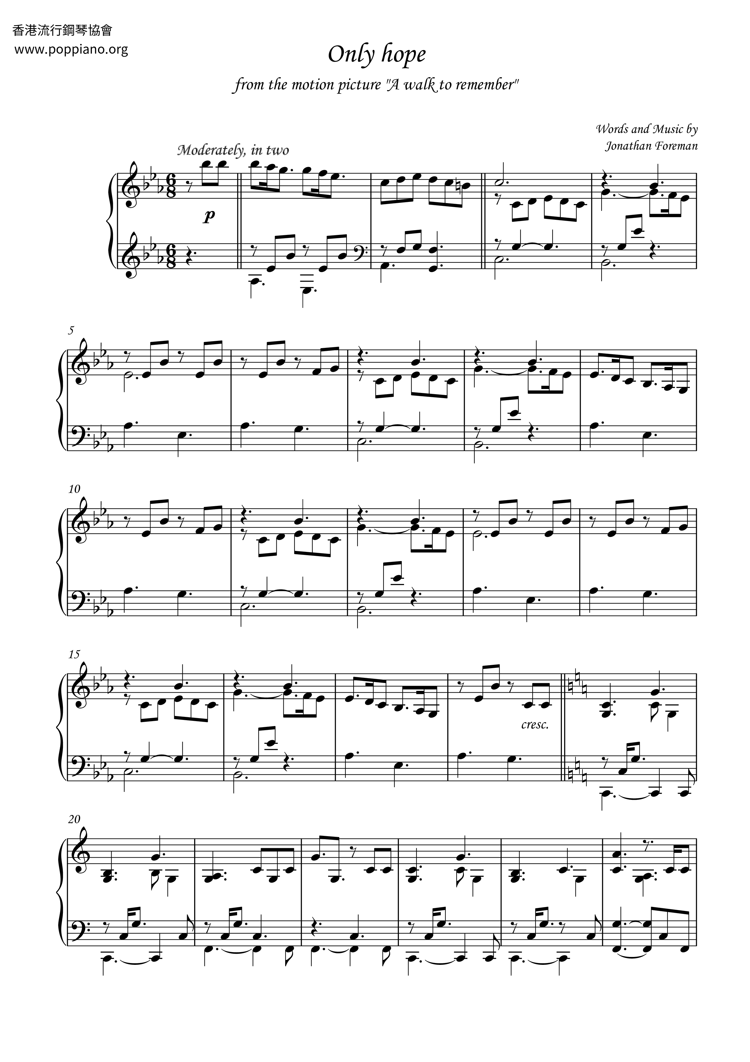 Mandy Moore A Walk To Remember Only Hope Sheet Music Pdf Free Score Download