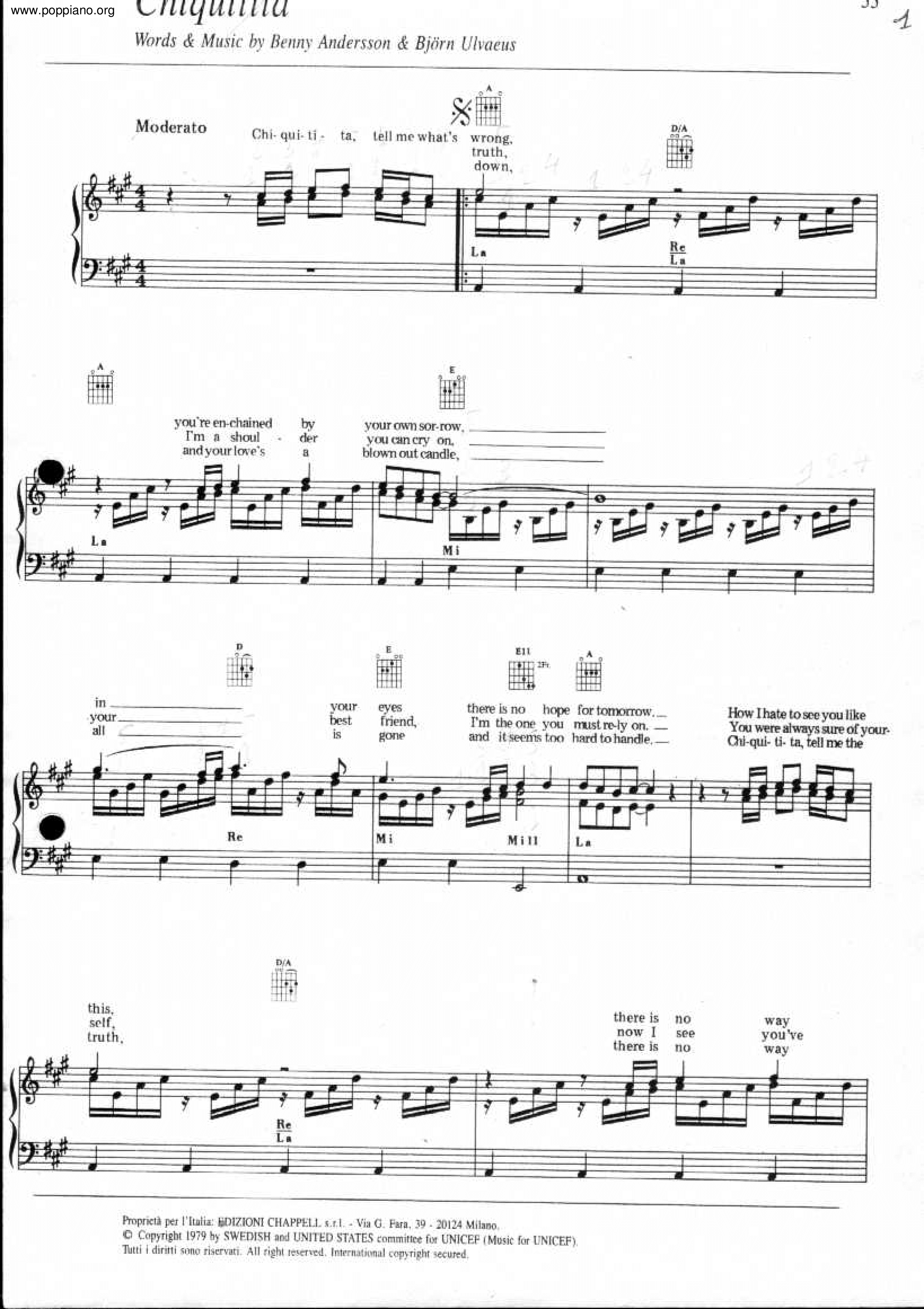 AbbaChiquitita Sheet Music pdf, Free Score Download ★