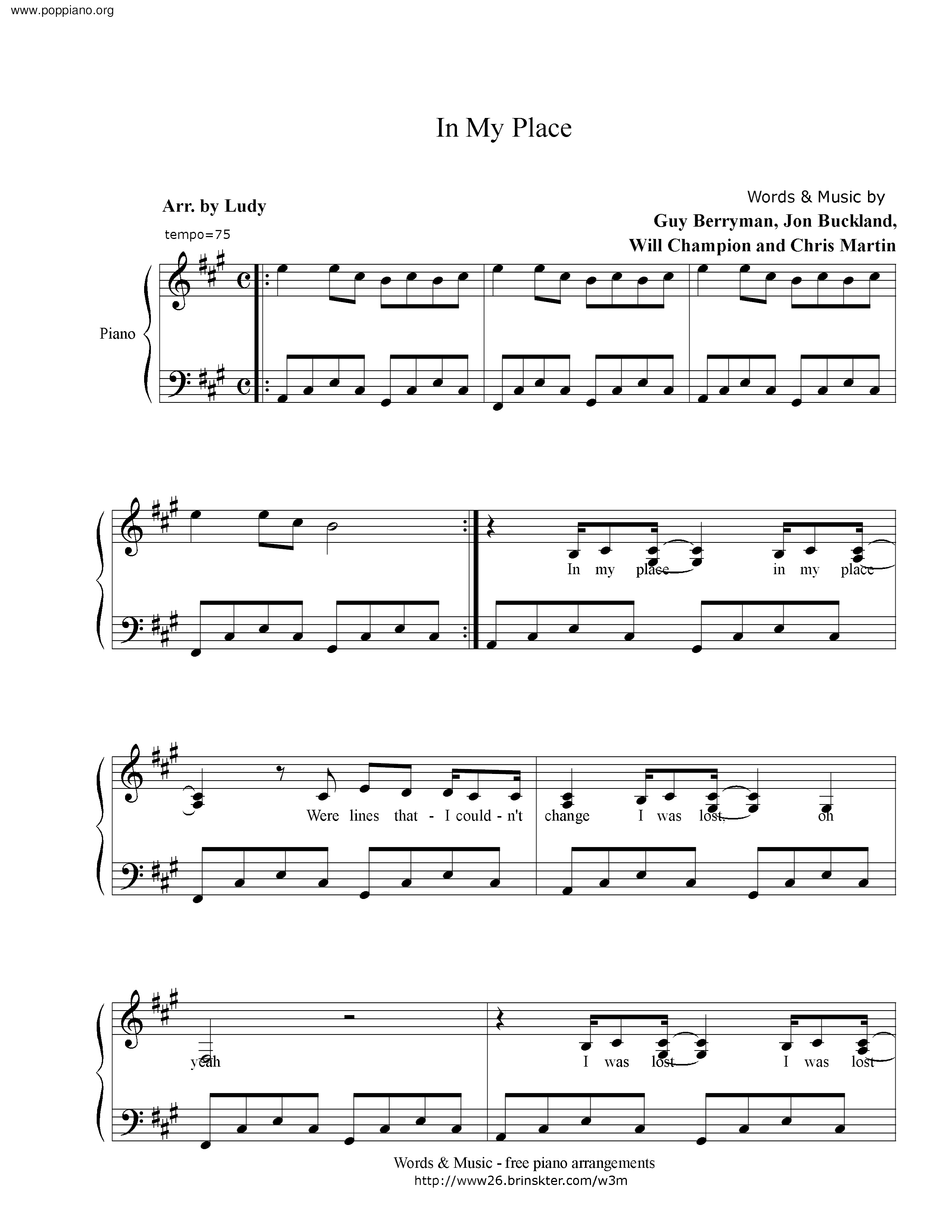 ☆ Coldplay-In My Place, Sheet Music, Pdf, Partitura - Free Score.