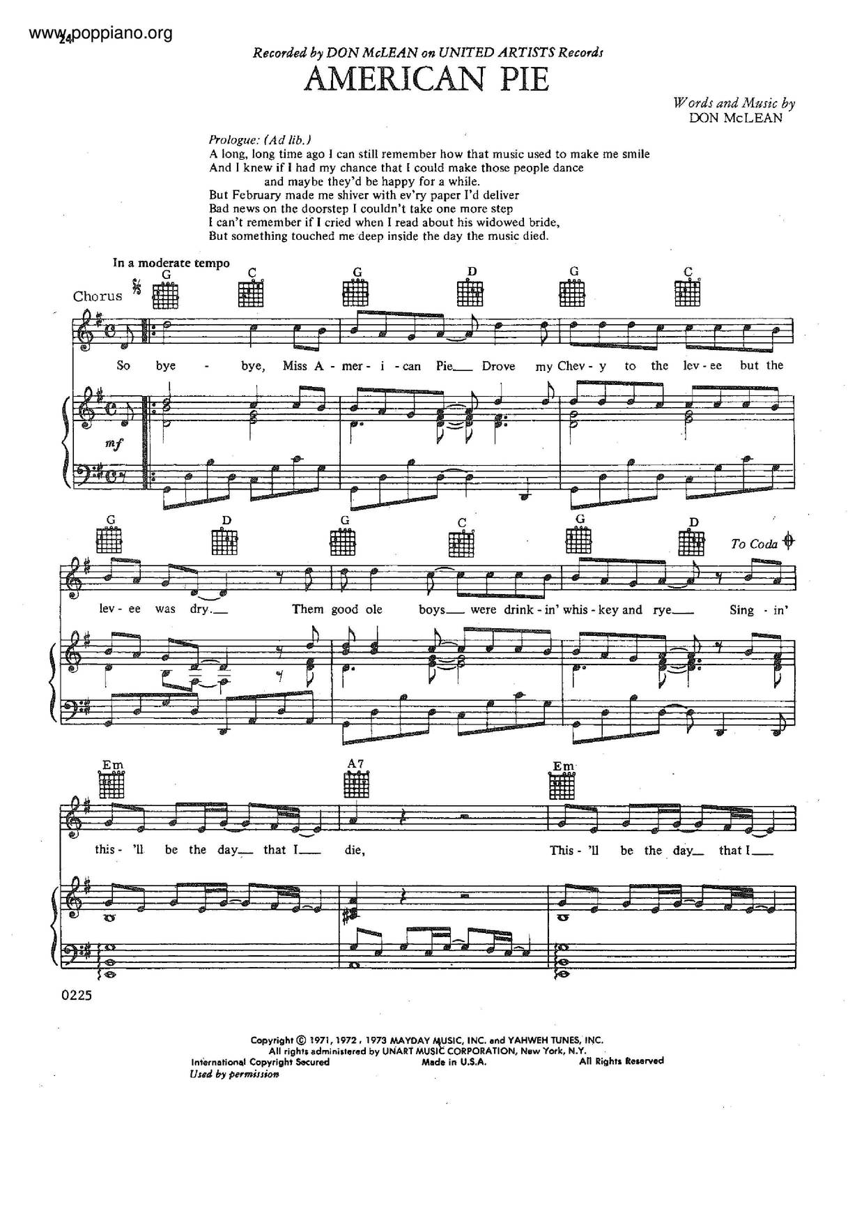 Don Mclean-American Pie Sheet Music pdf, - Free Score Download ★