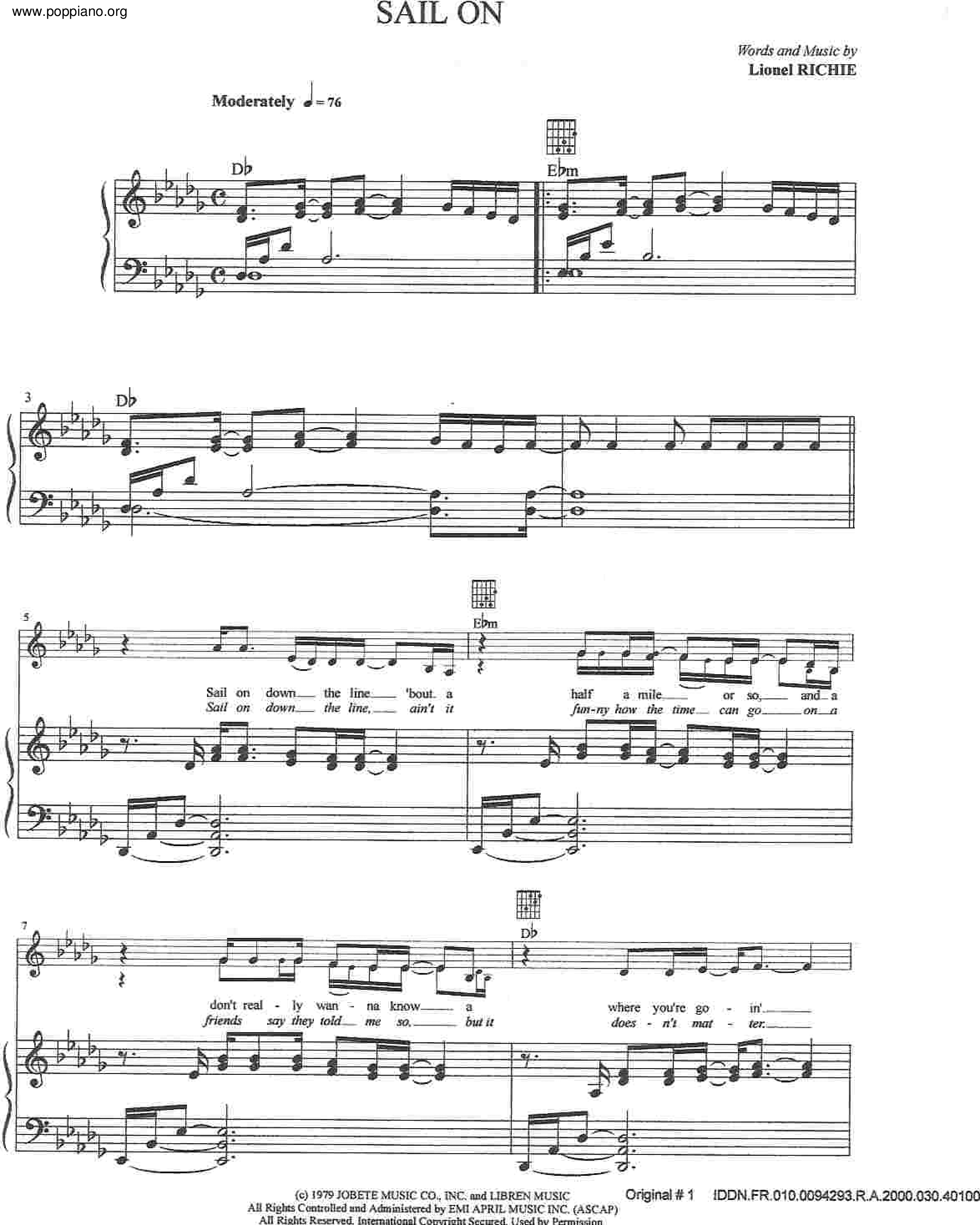 Lionel RichieSail On Sheet Music pdf, Free Score Download ★