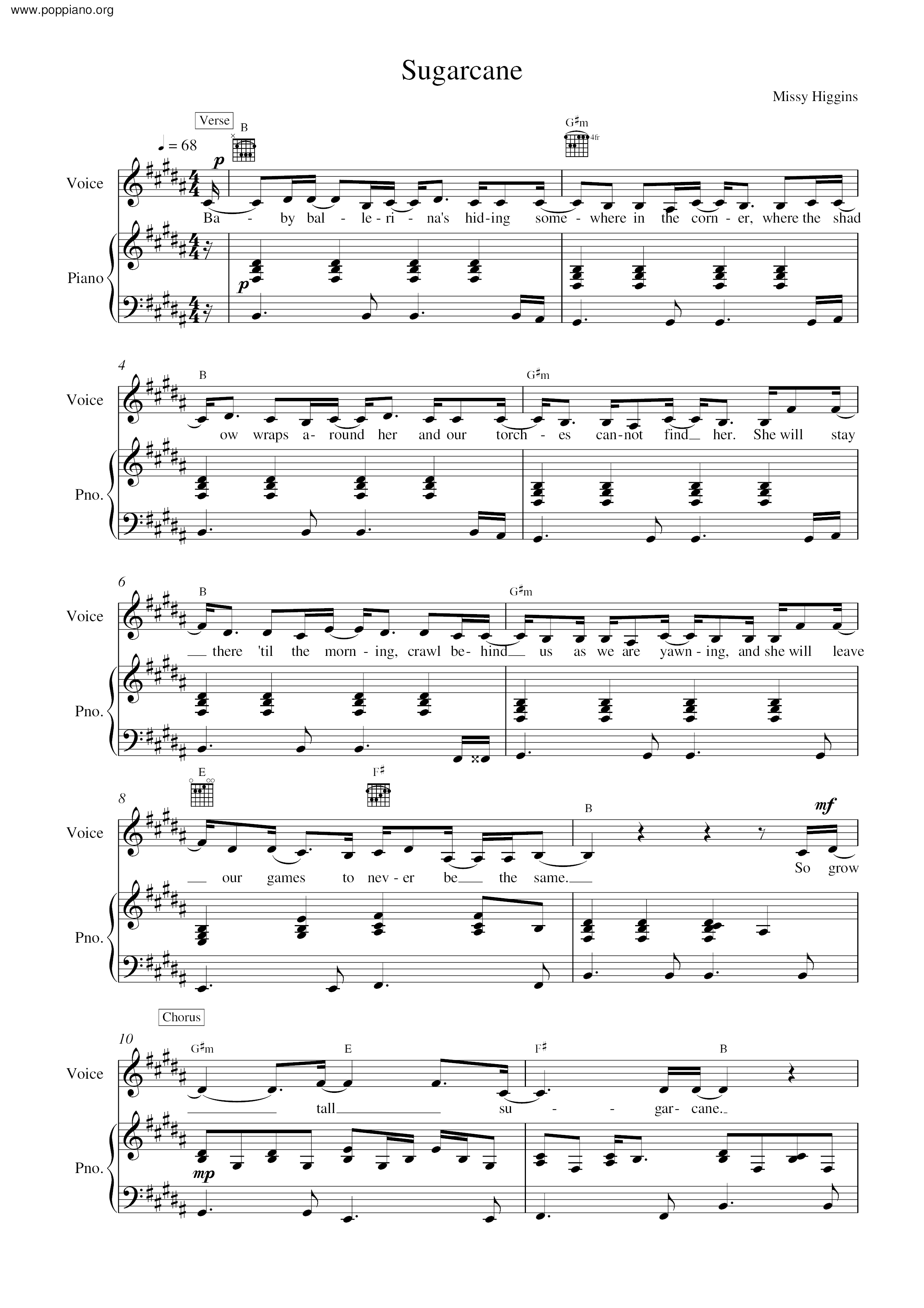 Missy Higgins Sugarcane Sheet Music Pdf Free Score Download