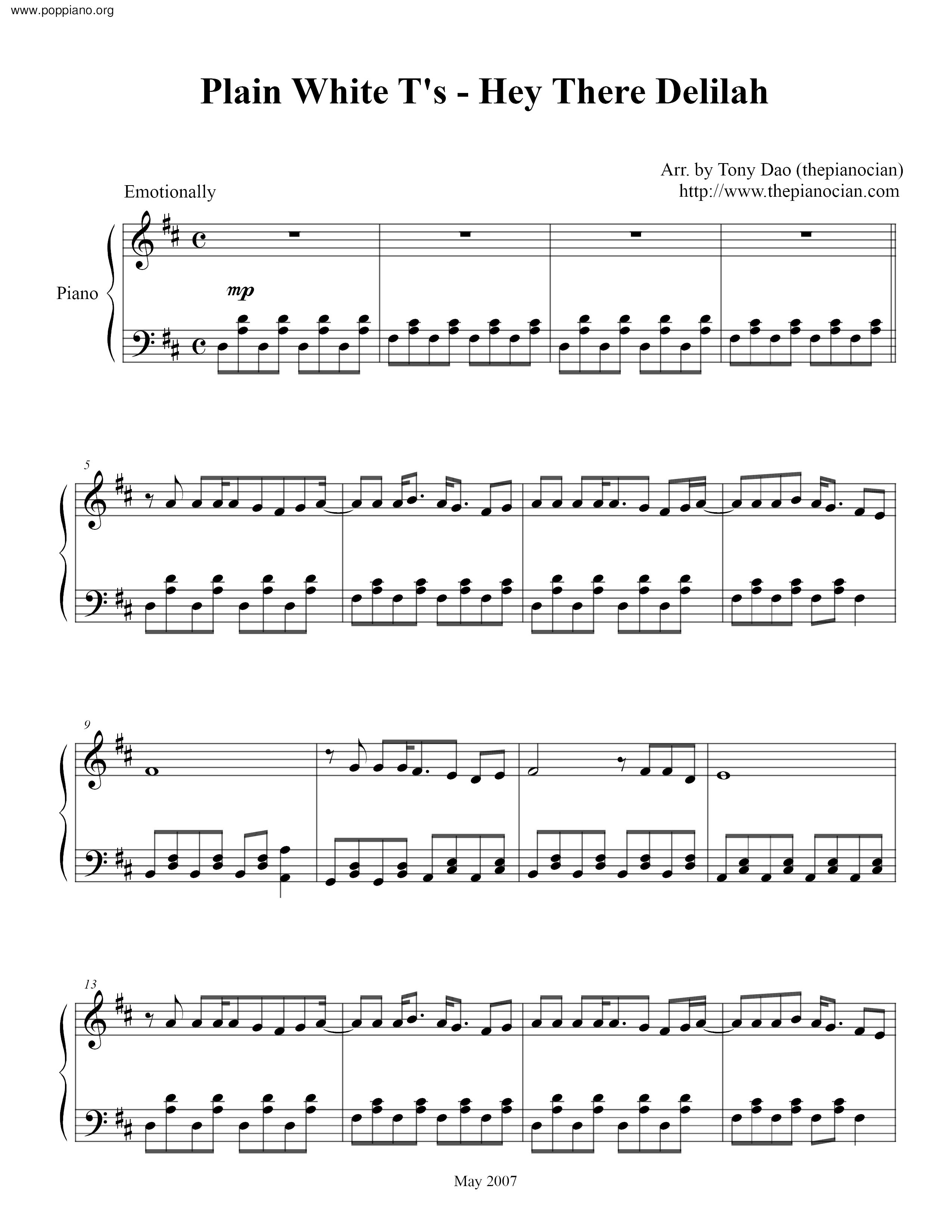 Hey There Delilah PDF琴譜免費下載 香港流行鋼琴協會 ★