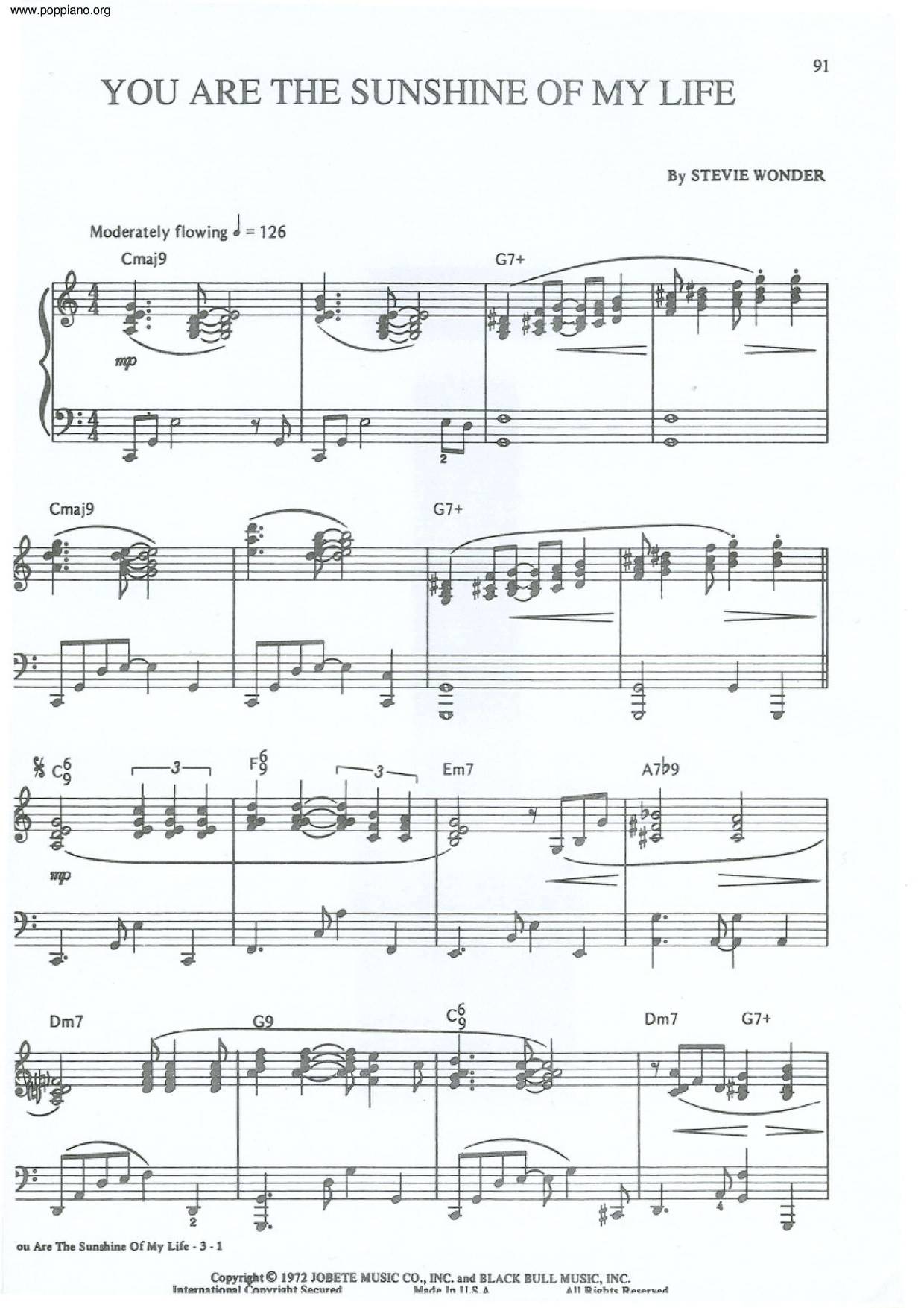 Stevie Wonder-You Are The Sunshine Of My Life Sheet Music pdf, - Free