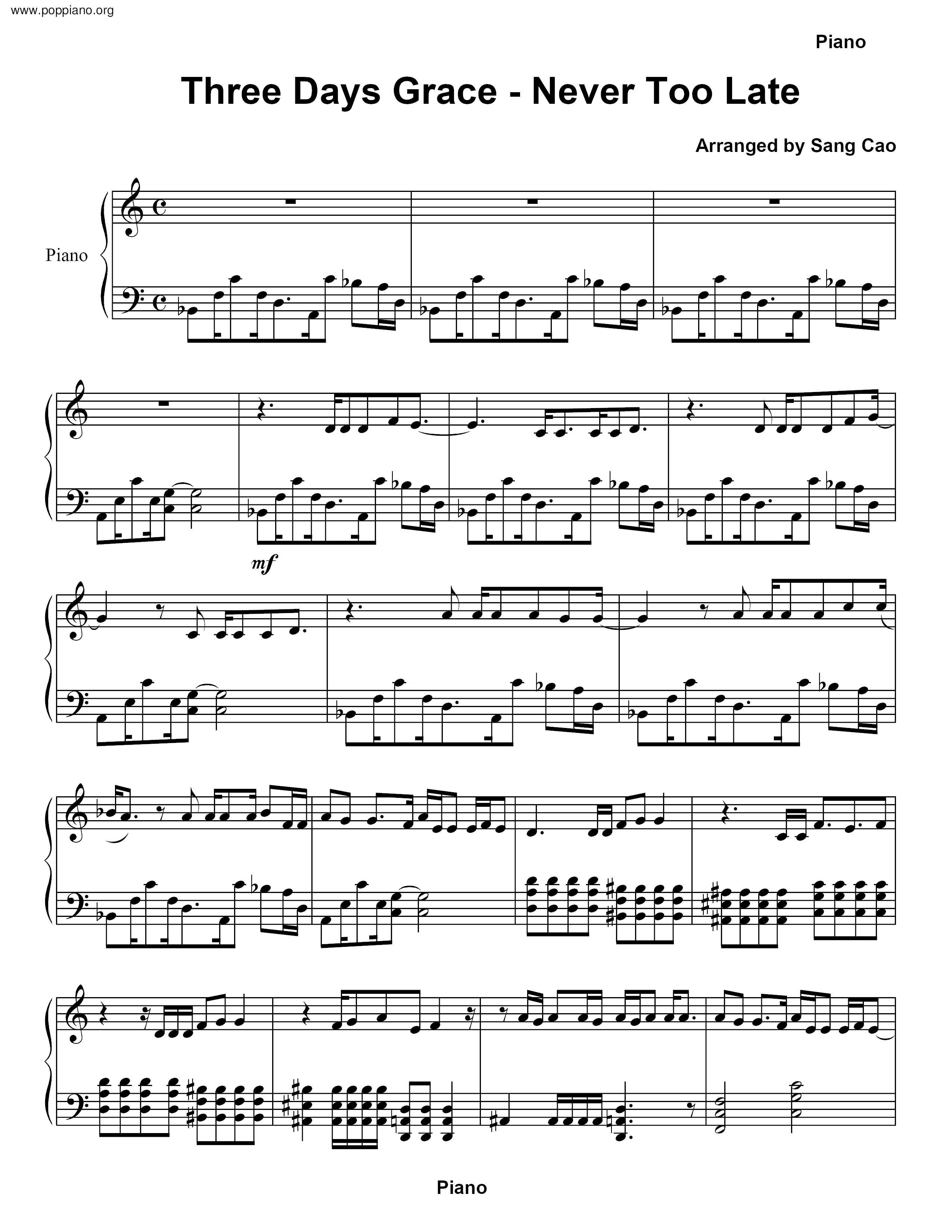 Three Days Grace Never Too Late Sheet Music Pdf Free Score Download