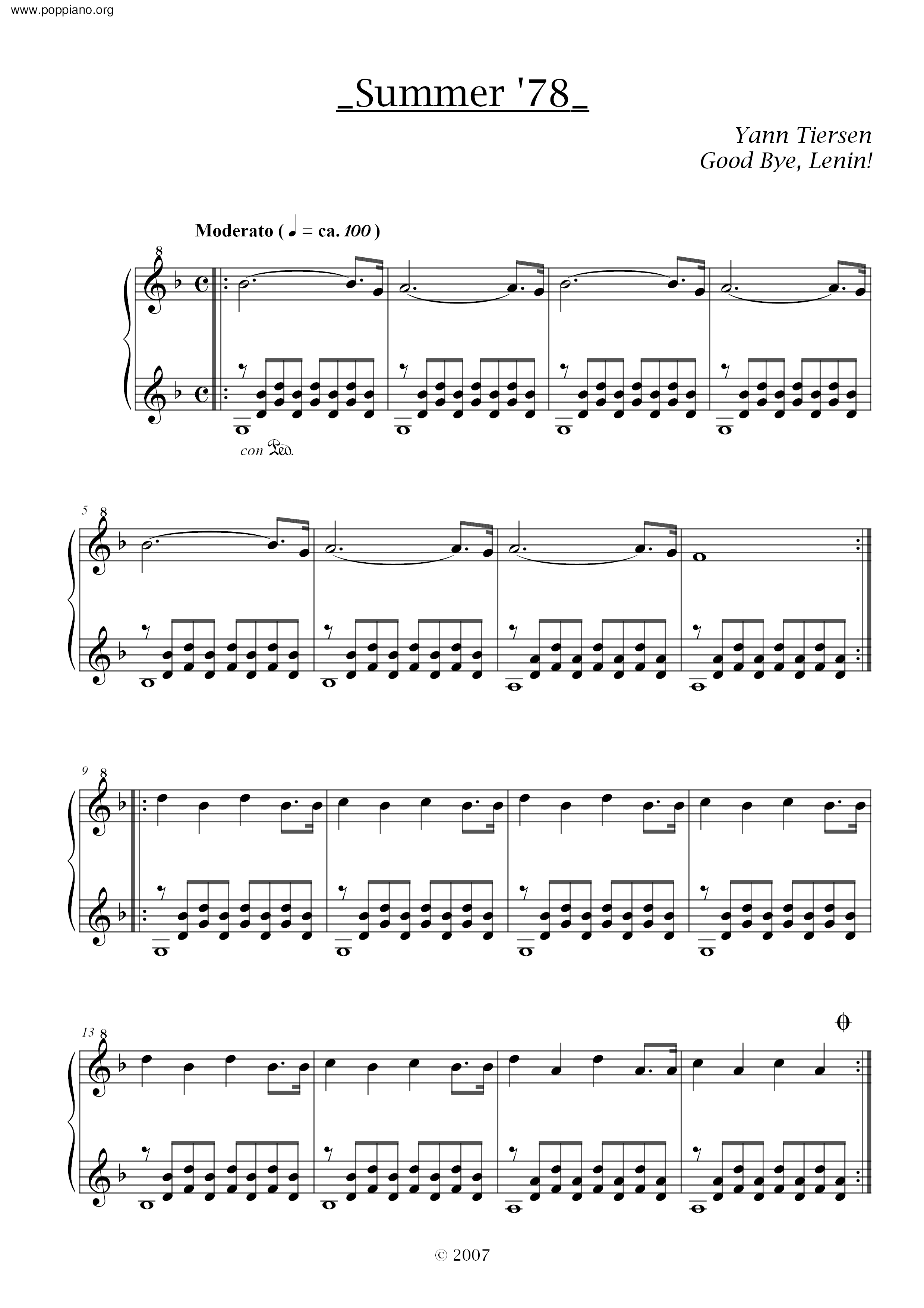 Yann Tiersen Summer 78 Sheet Music Pdf Free Score Download