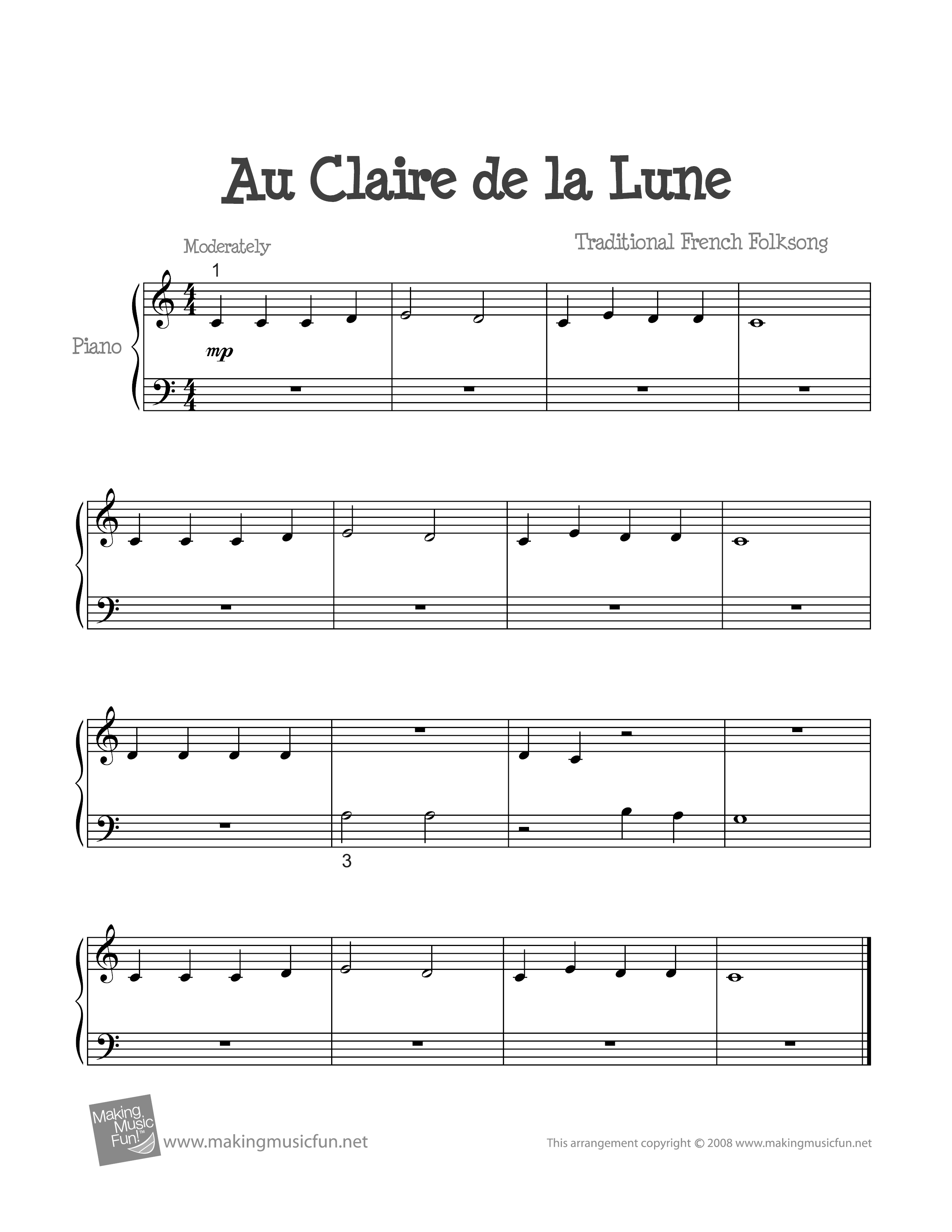 Au Clair De La Lune Piano Partition French Folk Song-Au Clair De La Lune Sheet Music pdf, - Free Score Download ★