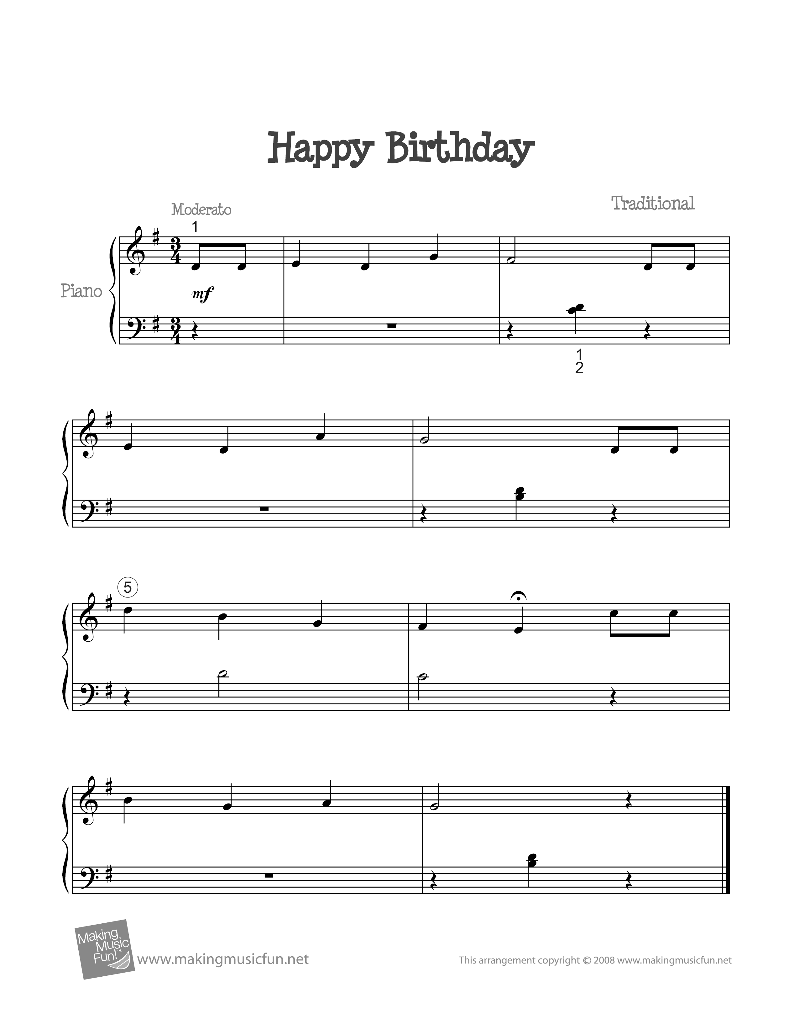 Happy Birthday Song Piano Sheet Music