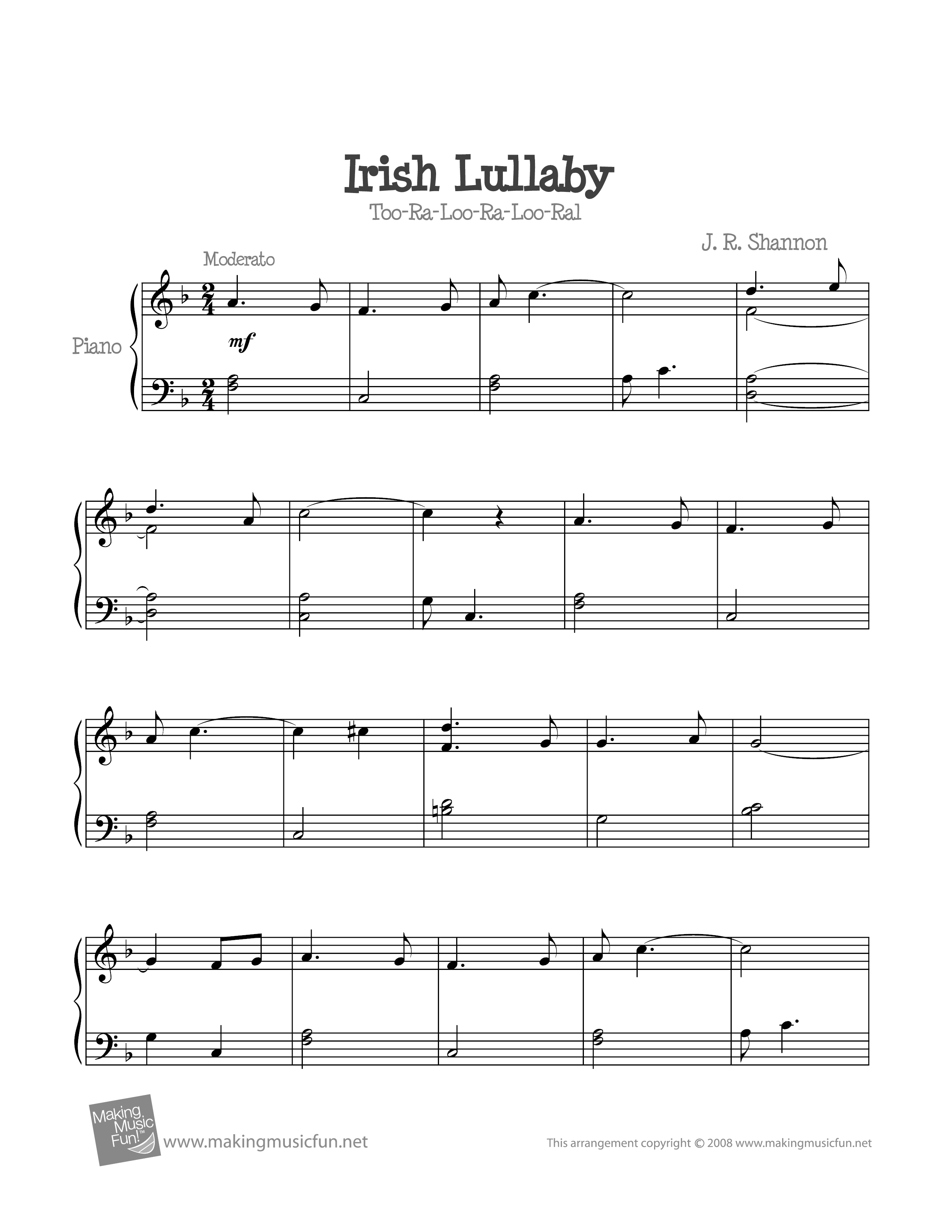Irish Lullaby (Too Ra Loo Ra Loo Ral)琴譜