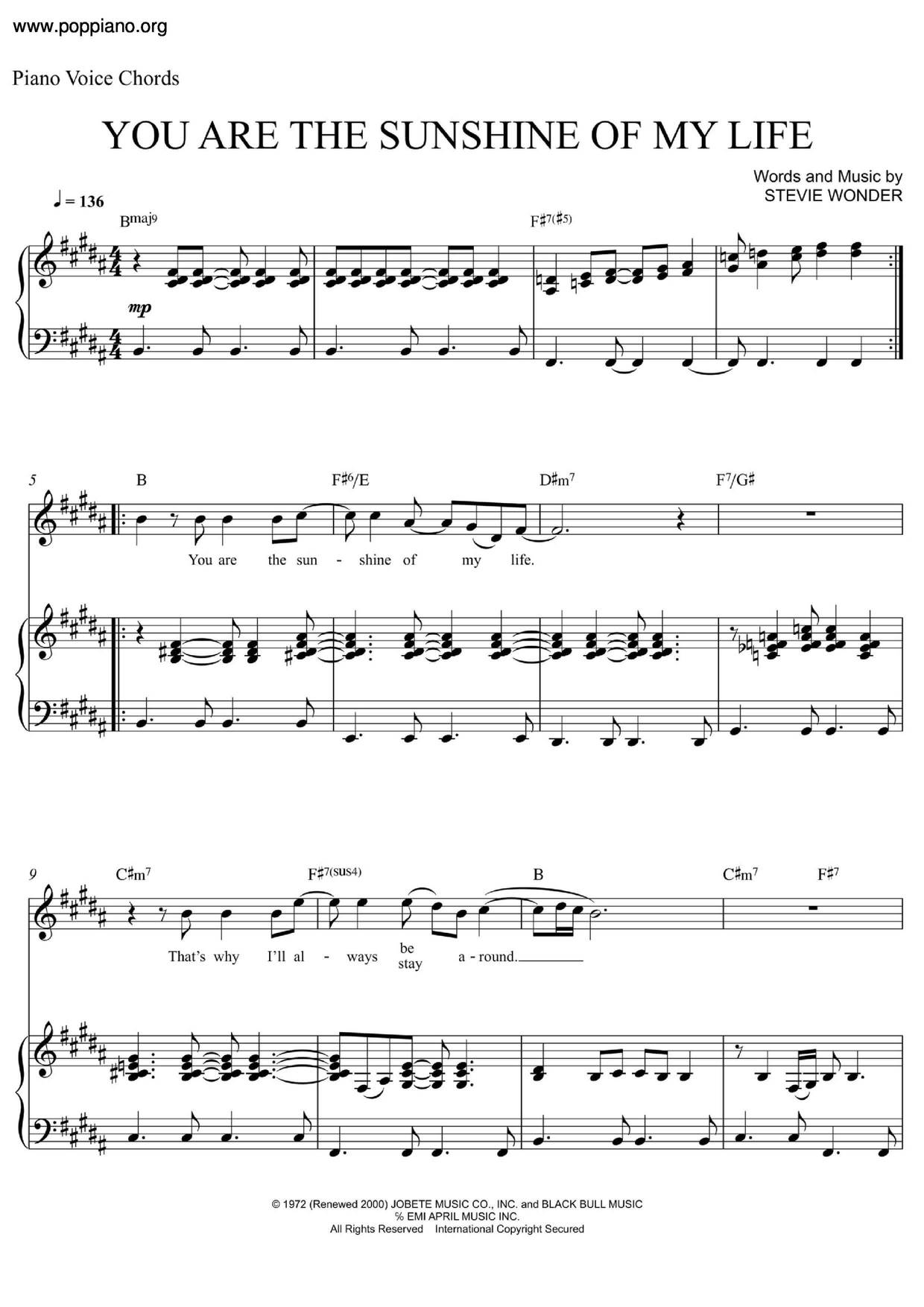 Stevie Wonder You Are The Sunshine Of My Life Sheet Music Pdf Free Score Download