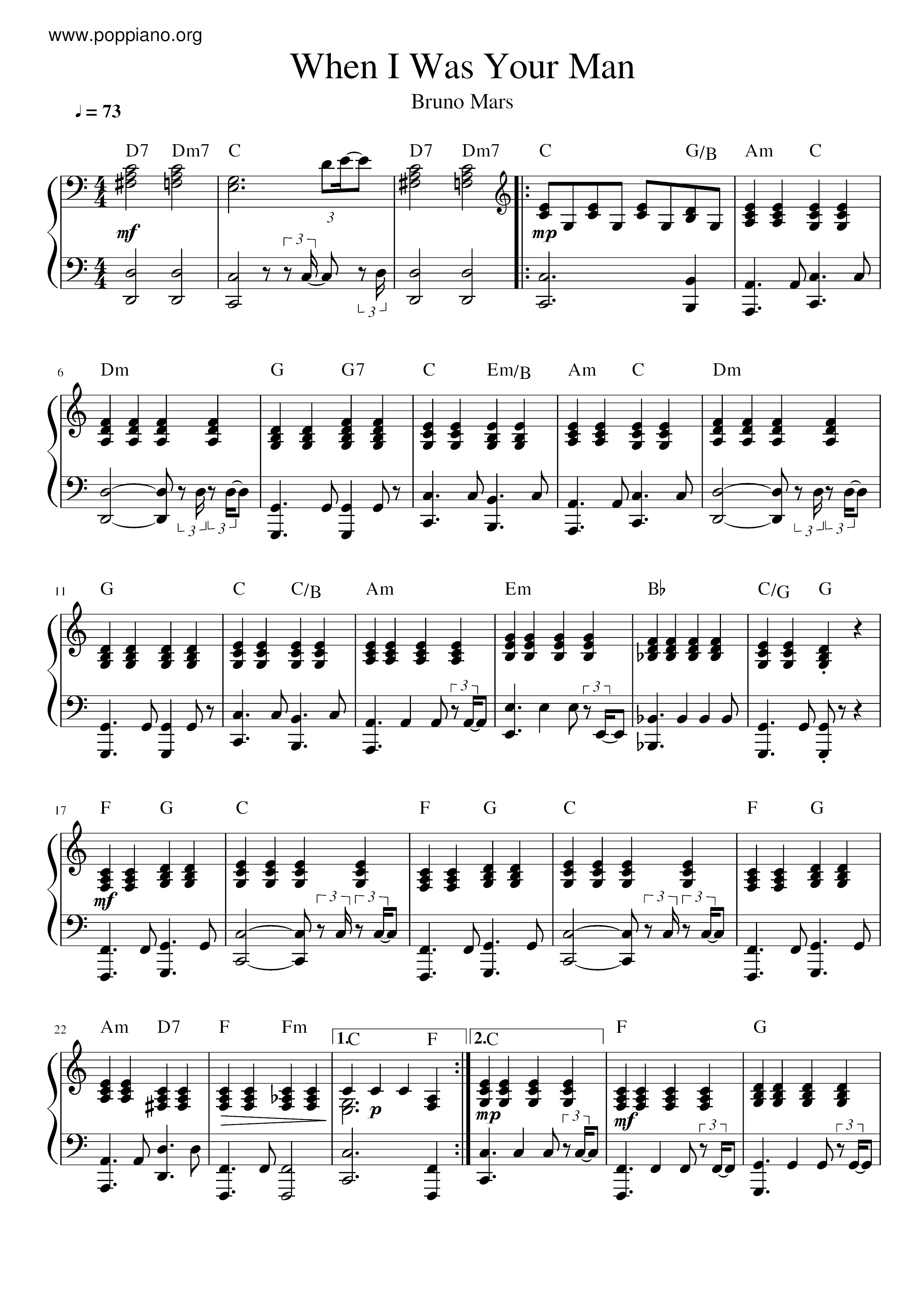 Bruno Mars When I Was Your Man Sheet Music Pdf Free Score Download