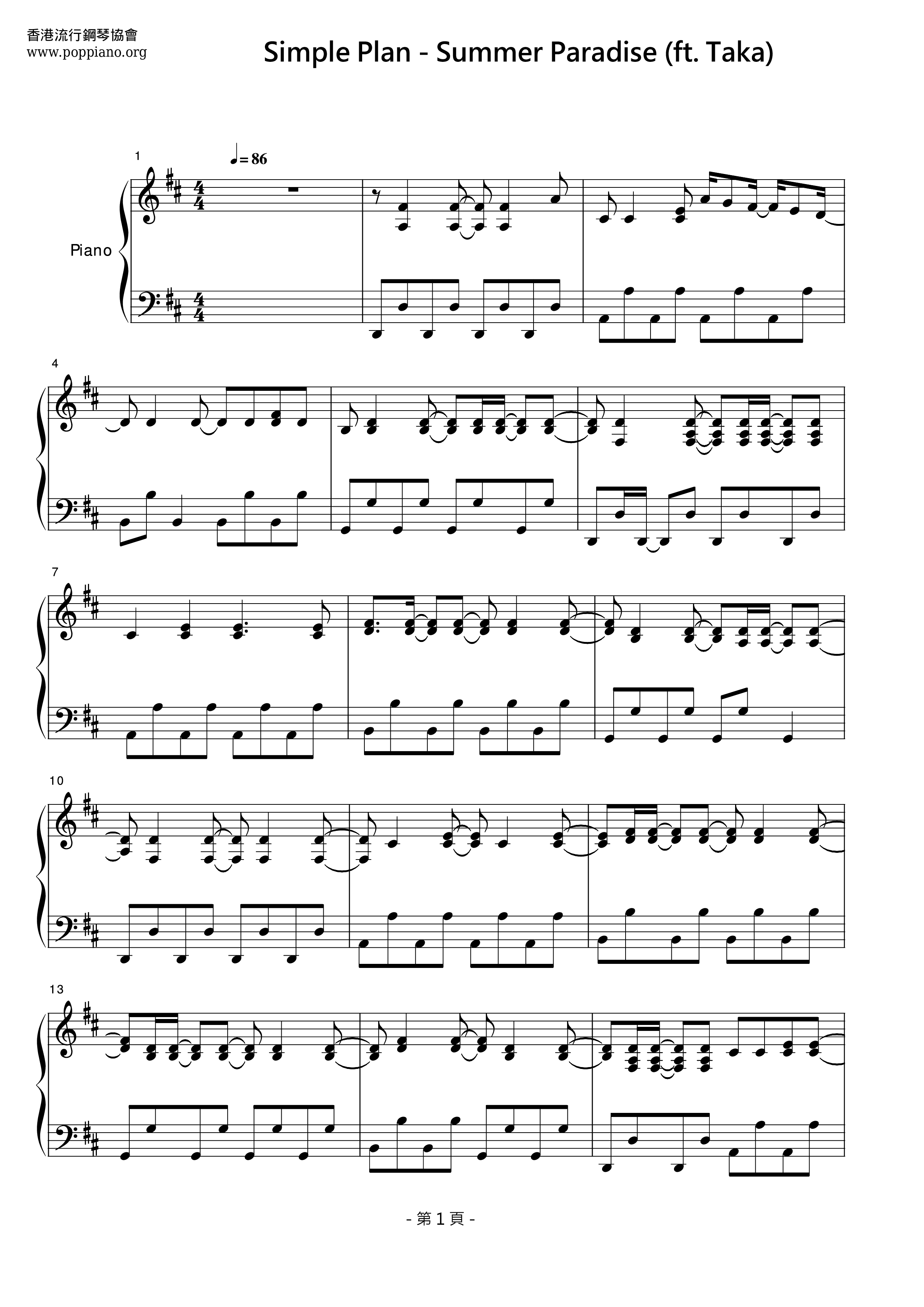 Simple Plan Summer Paradise Sheet Music Pdf Free Score Download